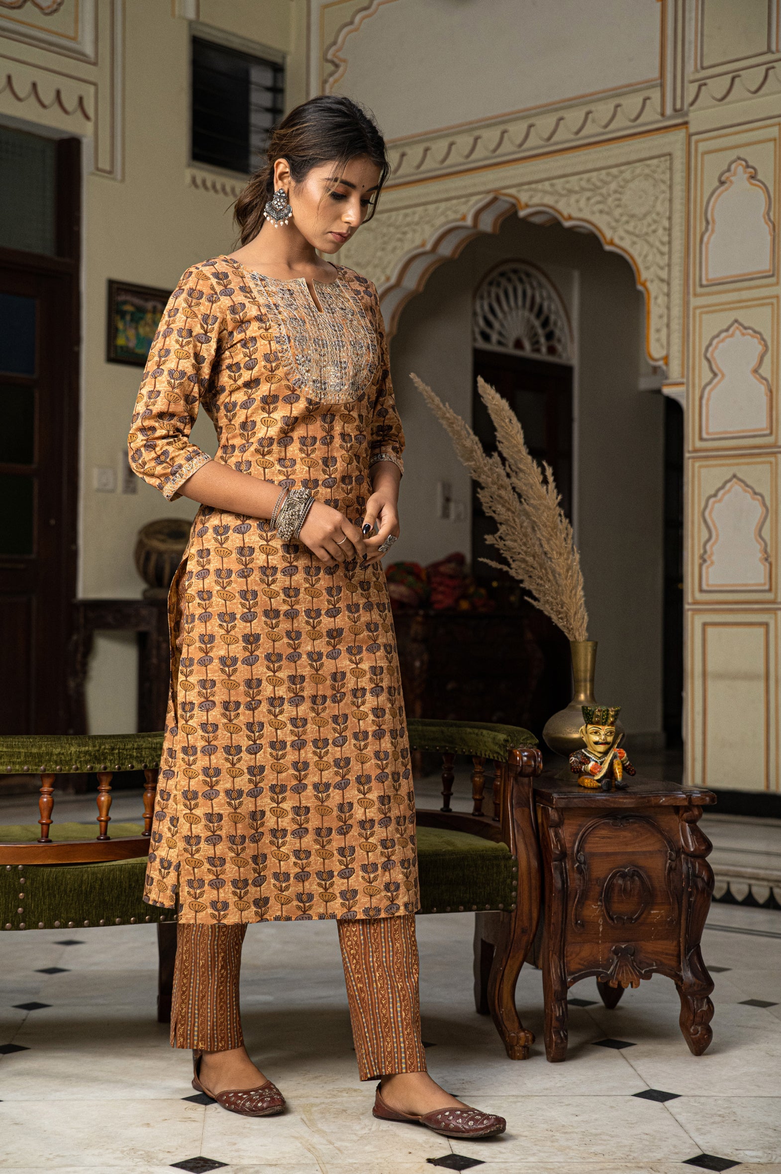 Beige Hand Block Printed Cotton Kurta with Pants