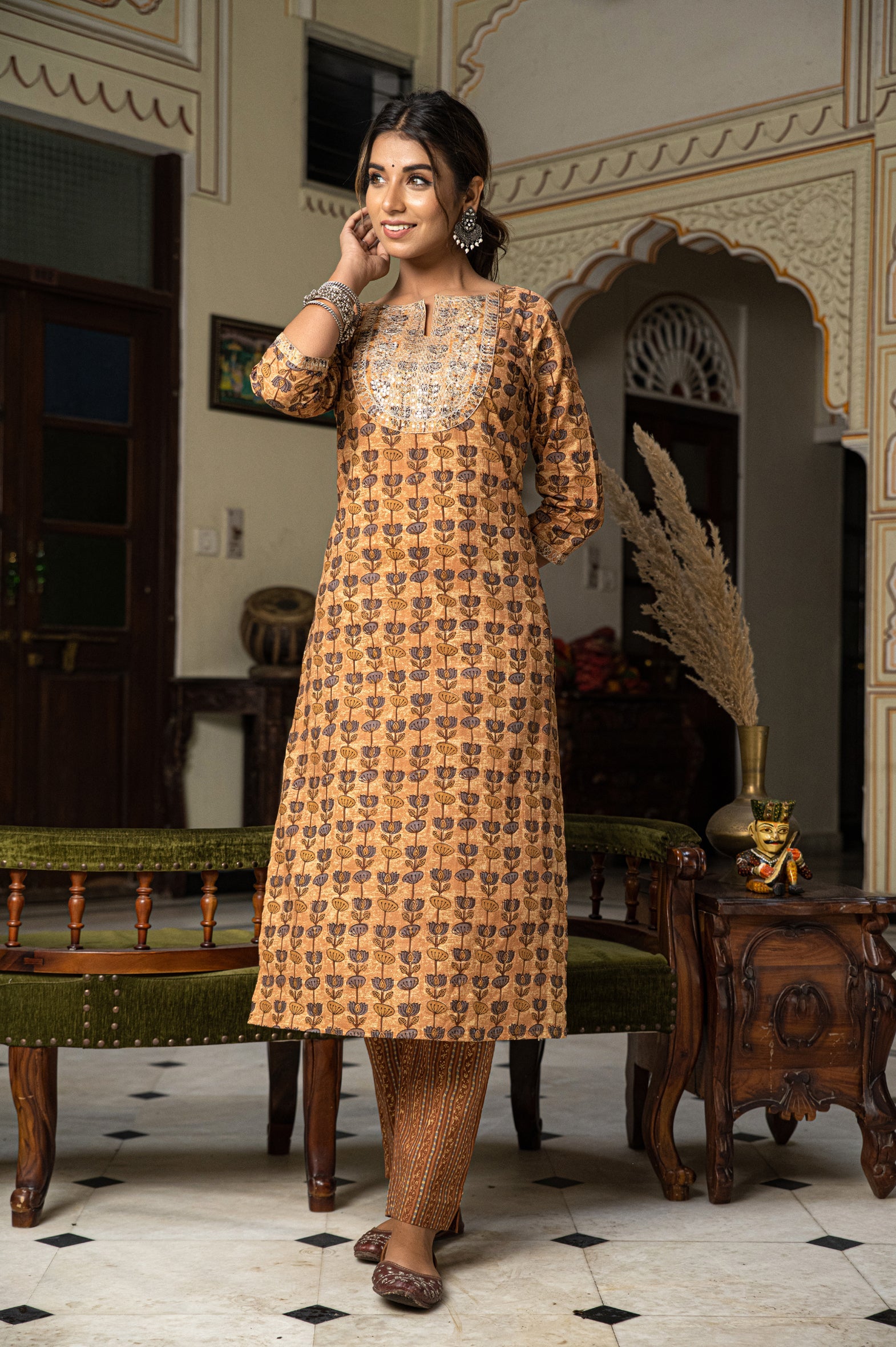 Beige Hand Block Printed Cotton Kurta with Pants