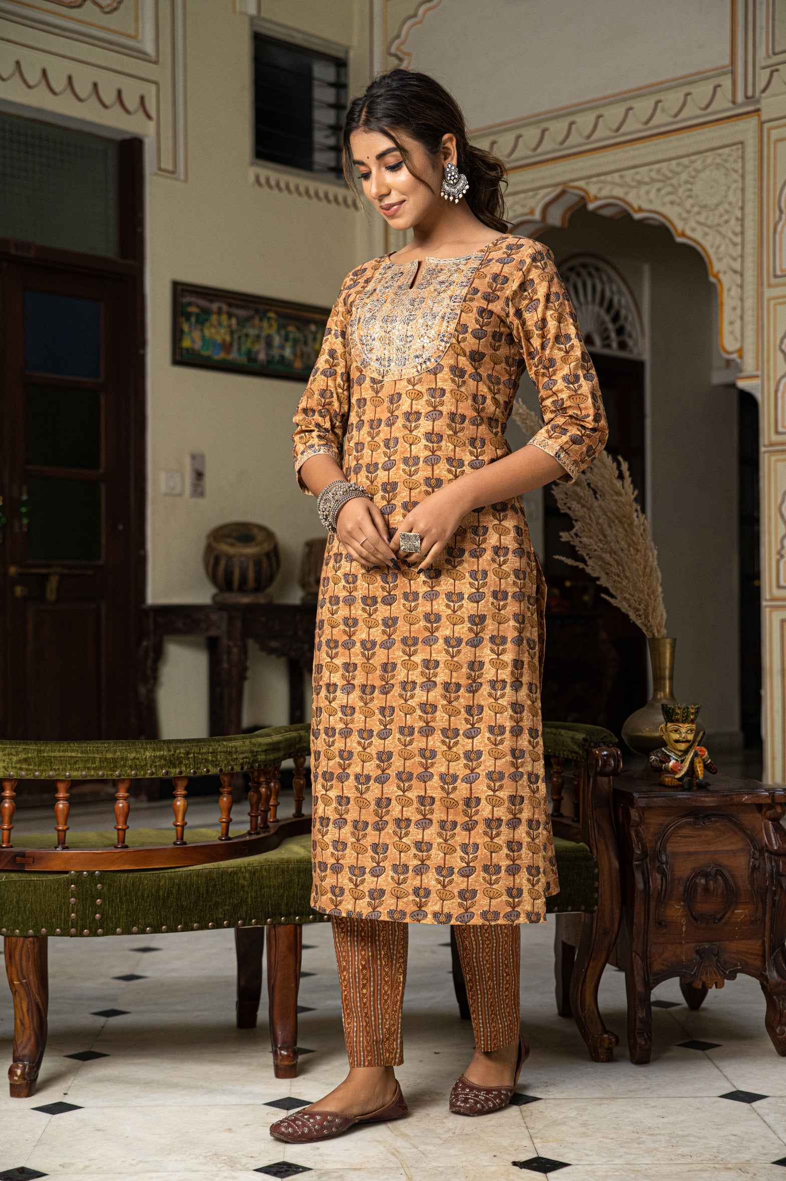 Beige Hand Block Printed Cotton Kurta with Pants