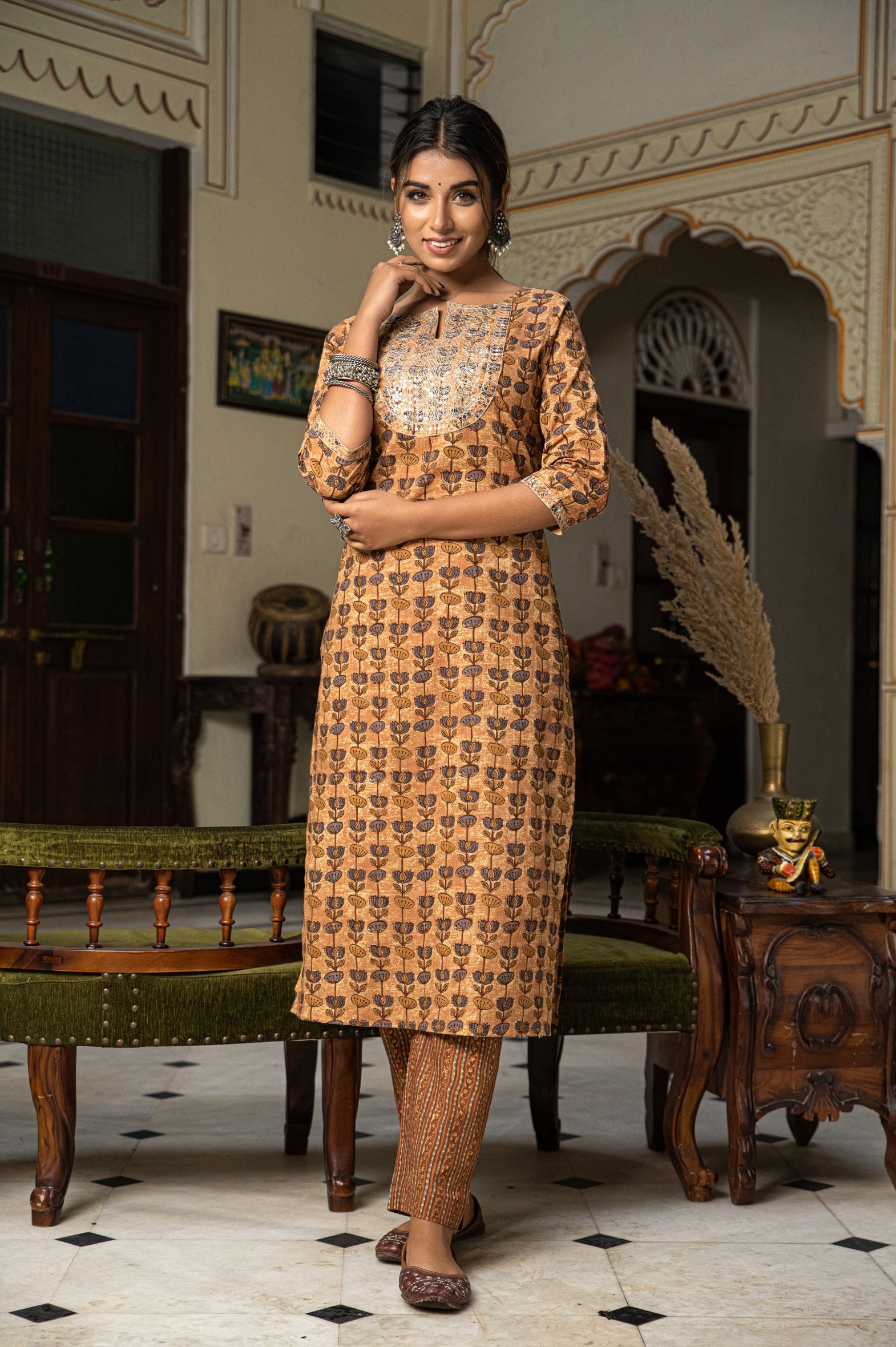 Beige Hand Block Printed Cotton Kurta with Pants