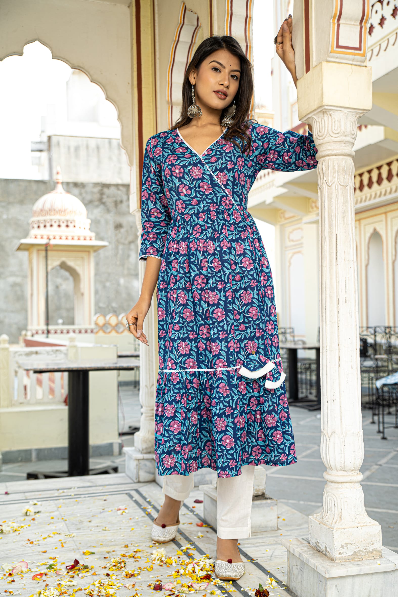 Blue Printed Cotton Angrakha Kurta with White Pants