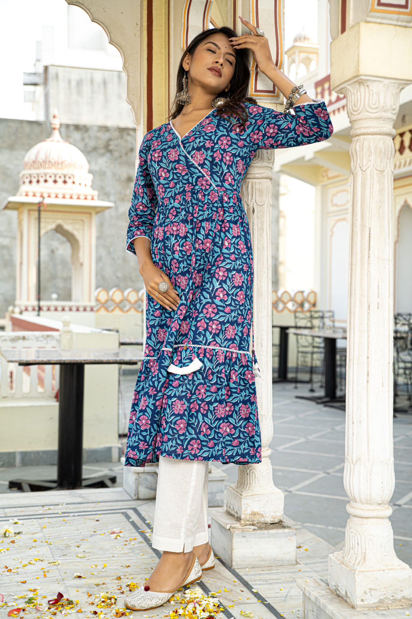 Blue Printed Cotton Angrakha Kurta with White Pants