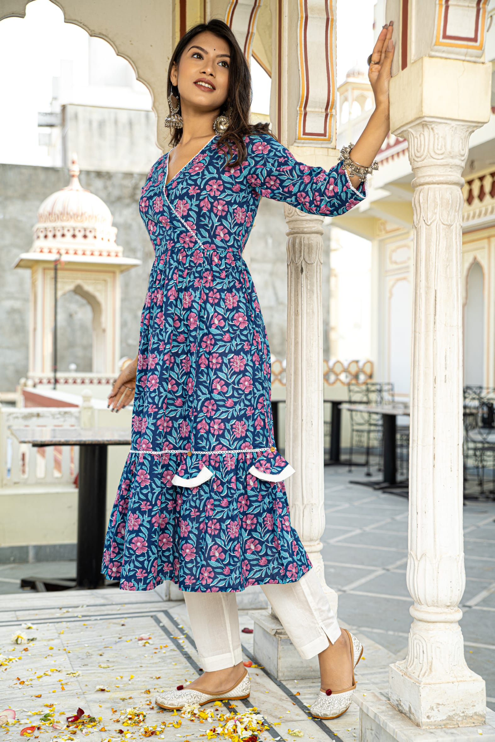 Blue Printed Cotton Angrakha Kurta with White Pants