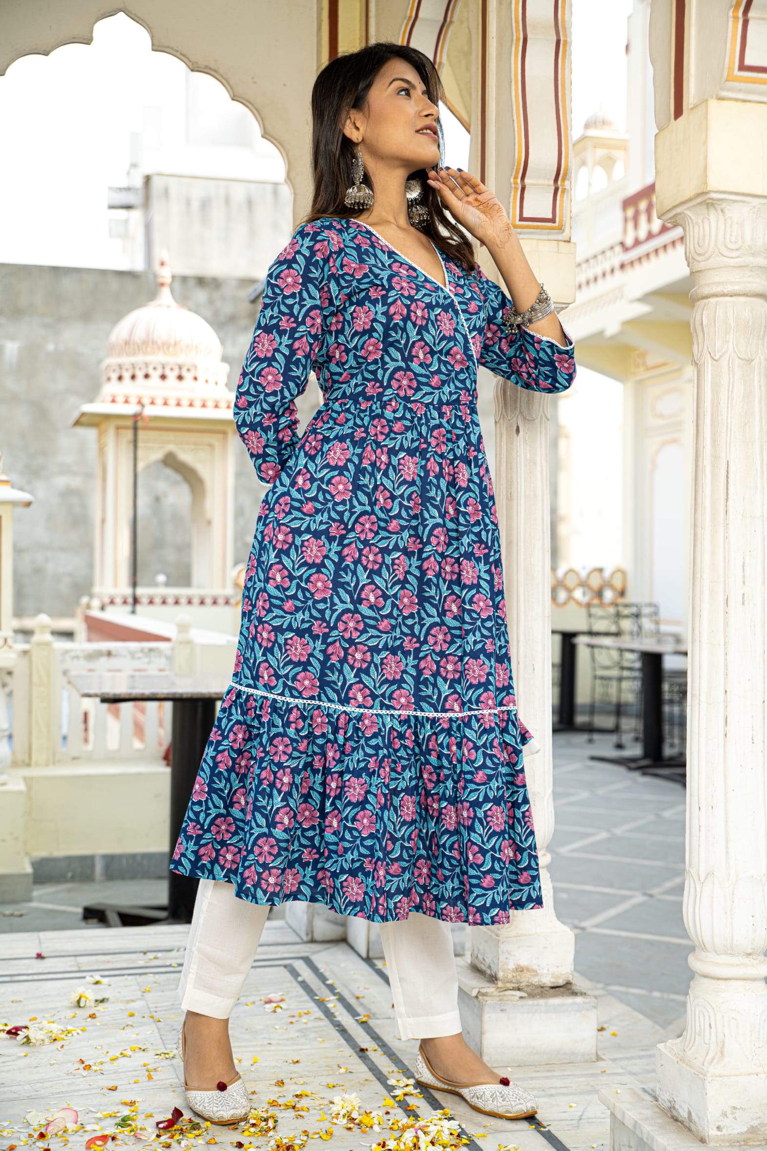 Blue Printed Cotton Angrakha Kurta with White Pants