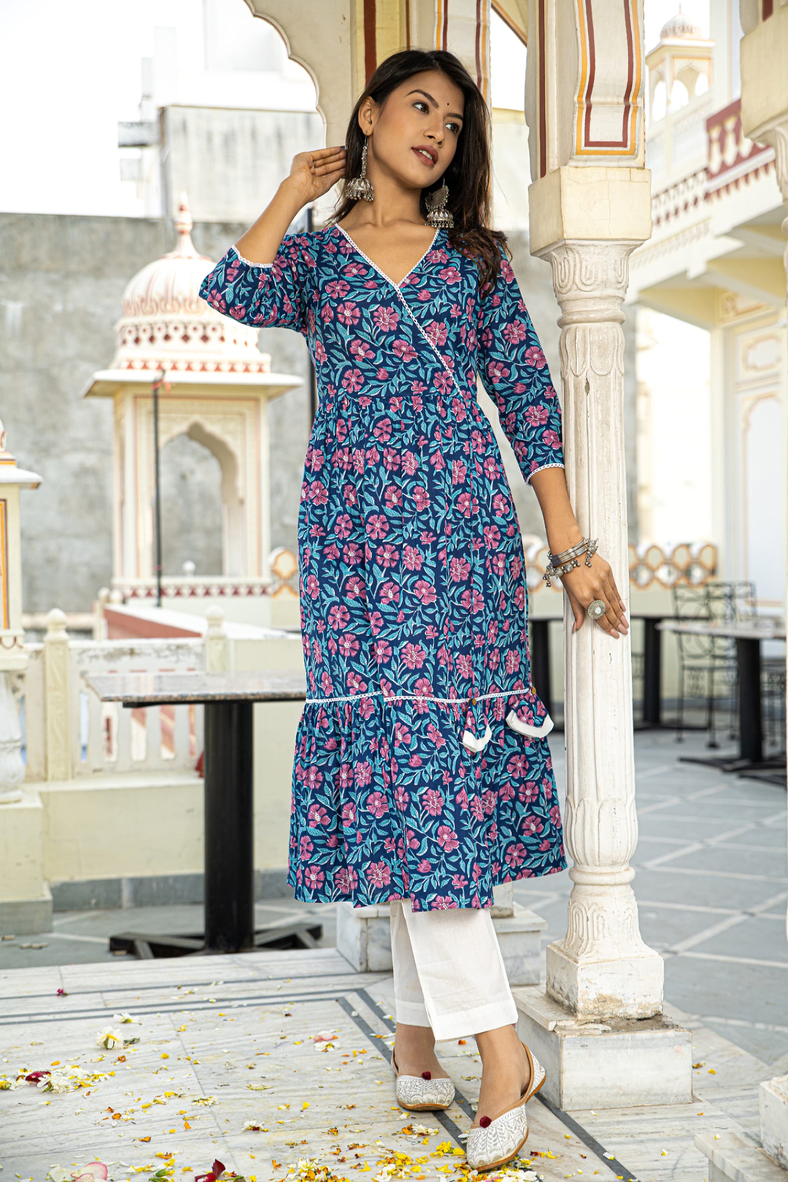 Blue Printed Cotton Angrakha Kurta with White Pants