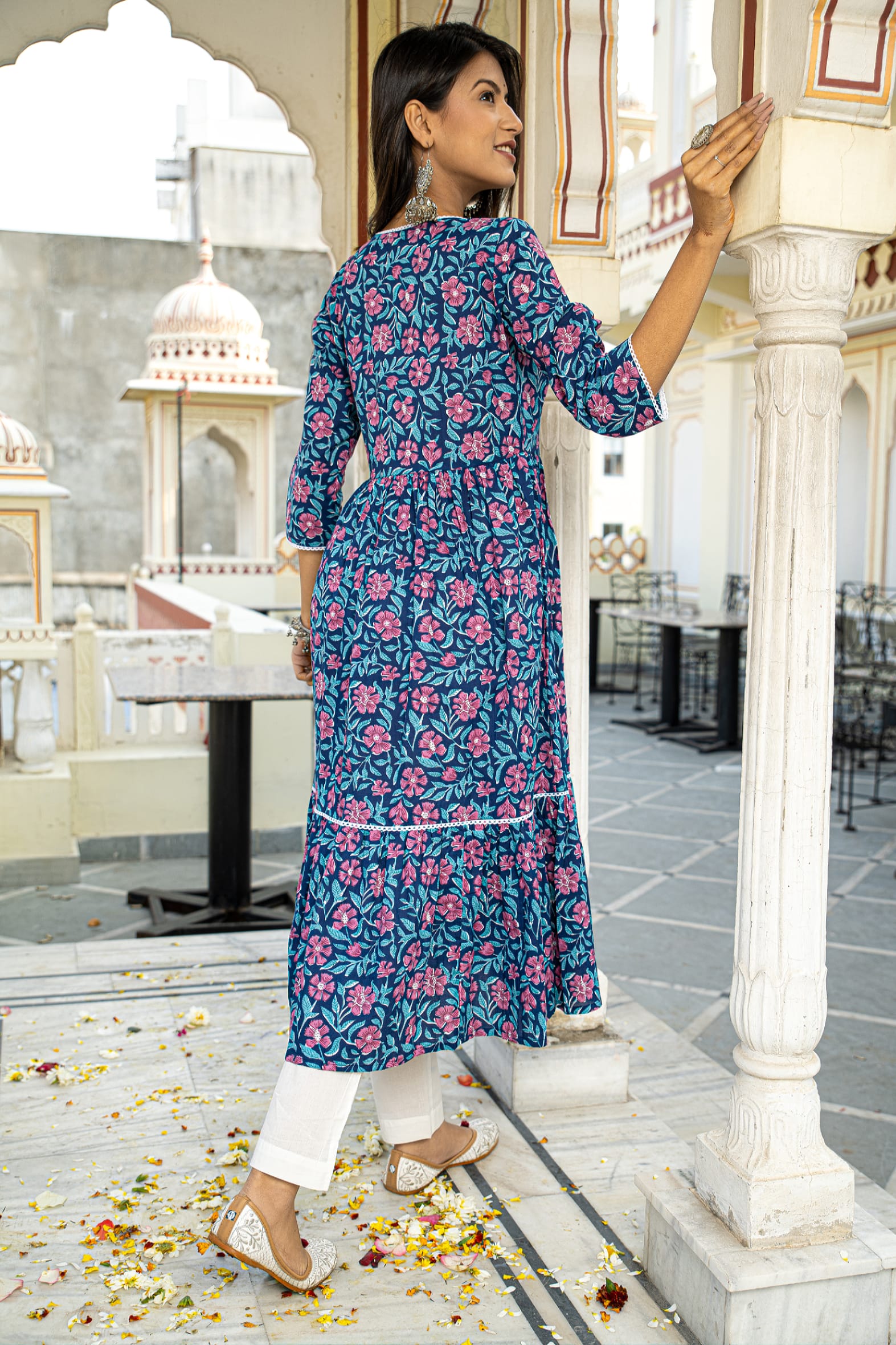 Blue Printed Cotton Angrakha Kurta with White Pants