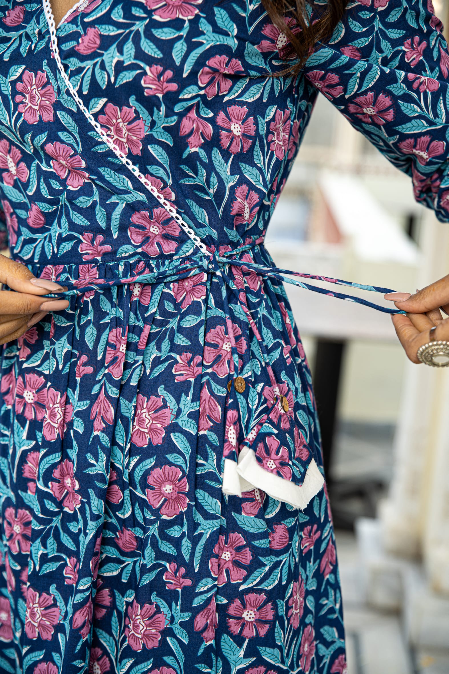 Blue Printed Cotton Angrakha Kurta with White Pants