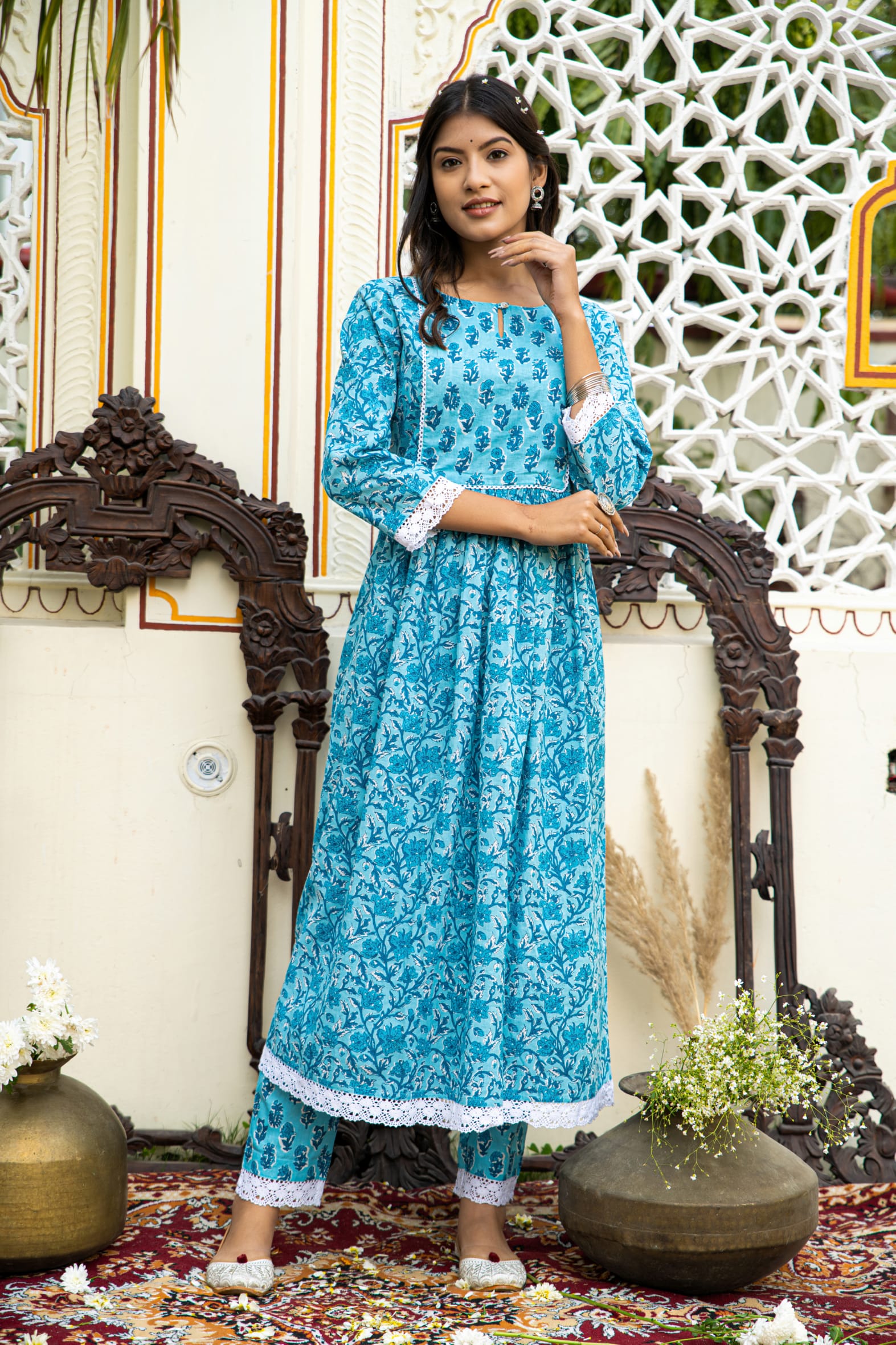 Blue Printed Cotton Kurta with Pants