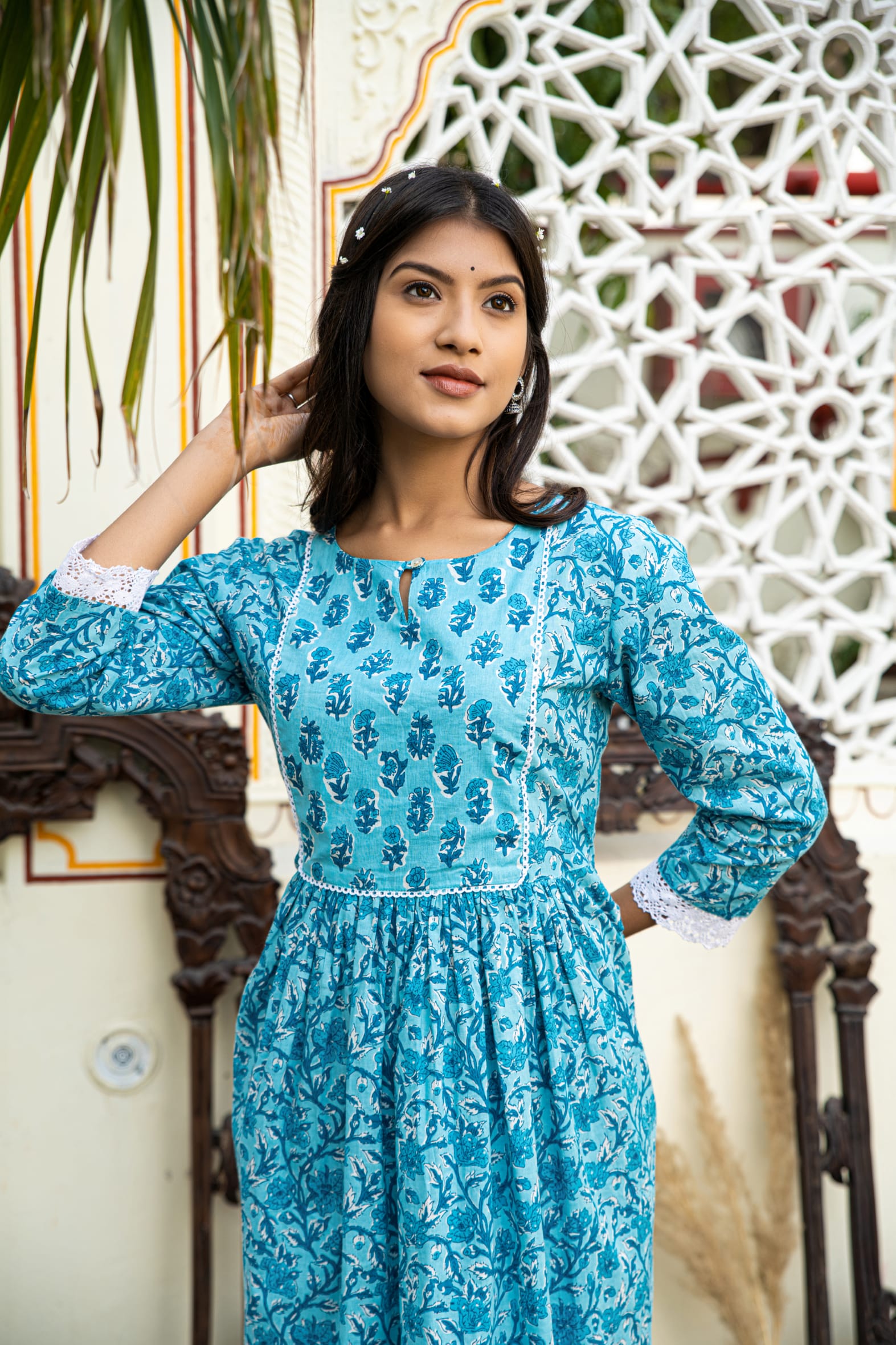 Blue Printed Cotton Kurta with Pants