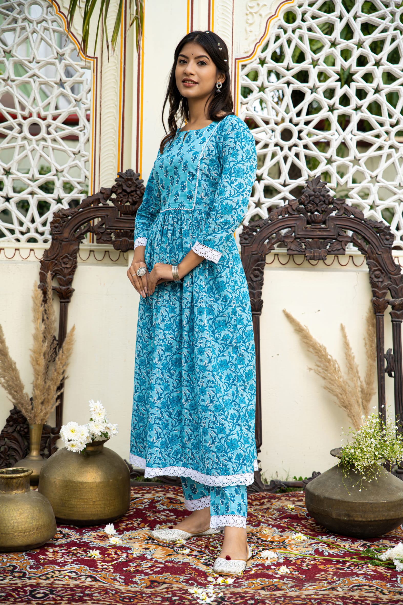 Blue Printed Cotton Kurta with Pants