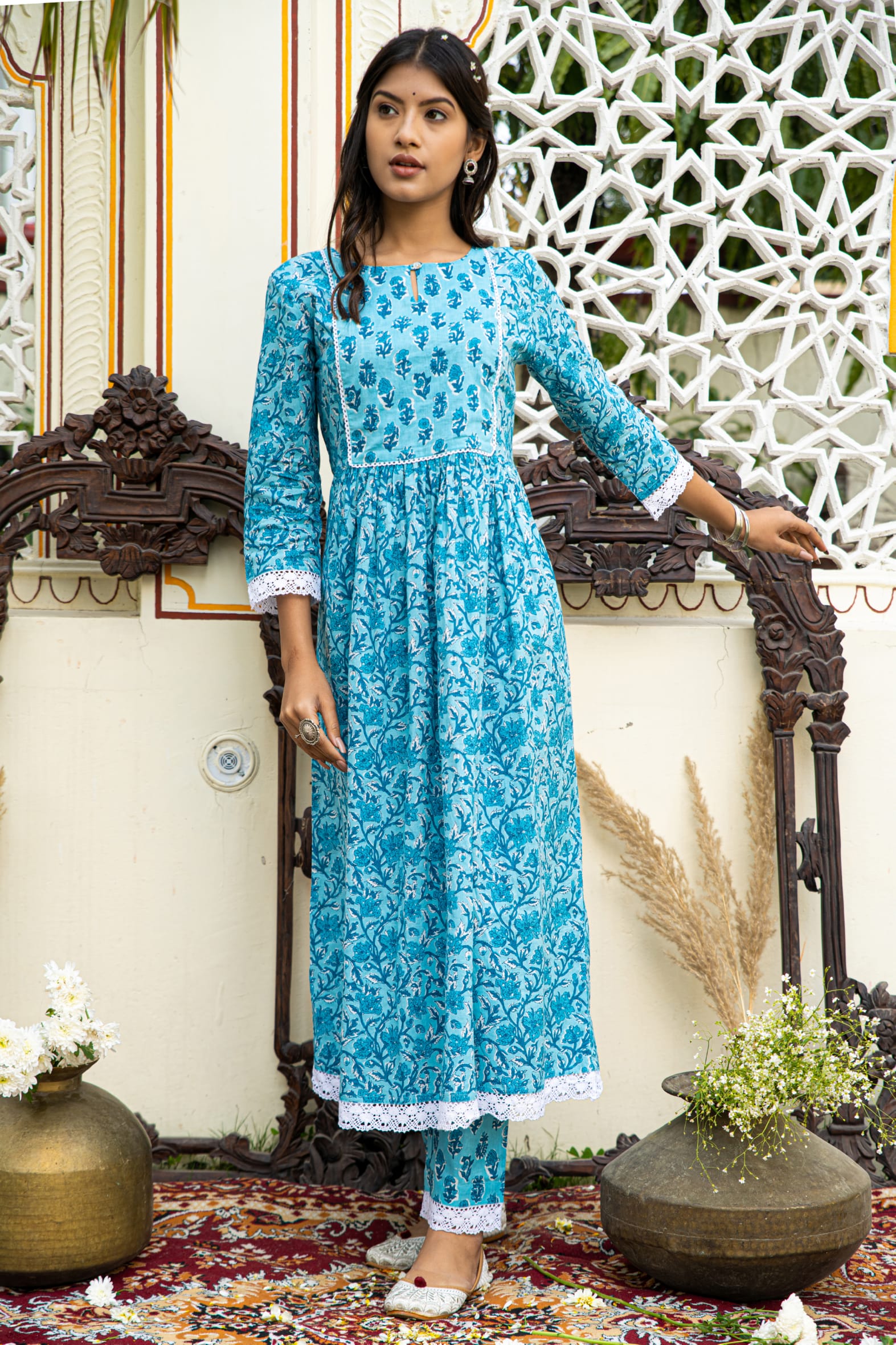 Blue Printed Cotton Kurta with Pants