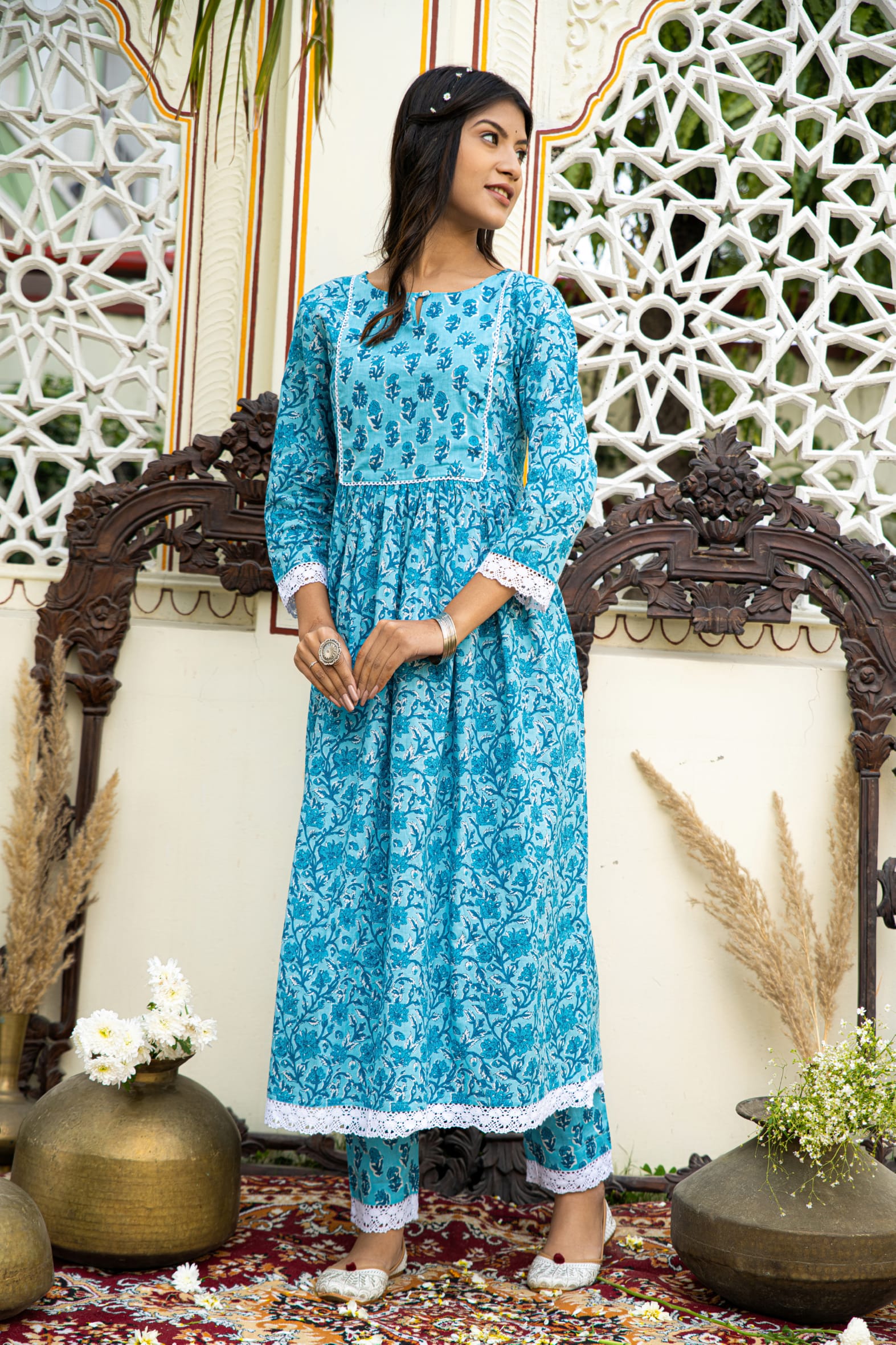 Blue Printed Cotton Kurta with Pants