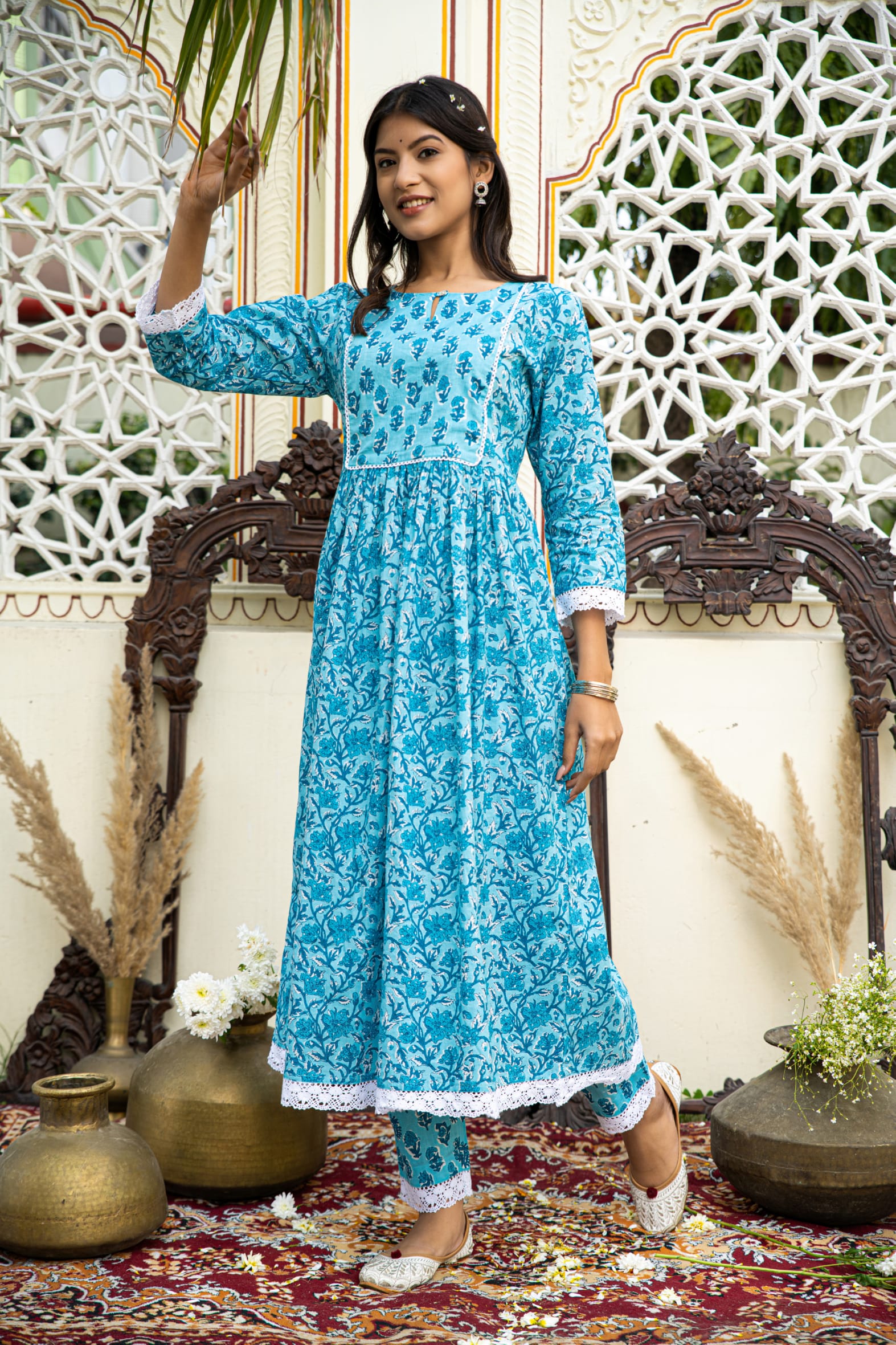 Blue Printed Cotton Kurta with Pants