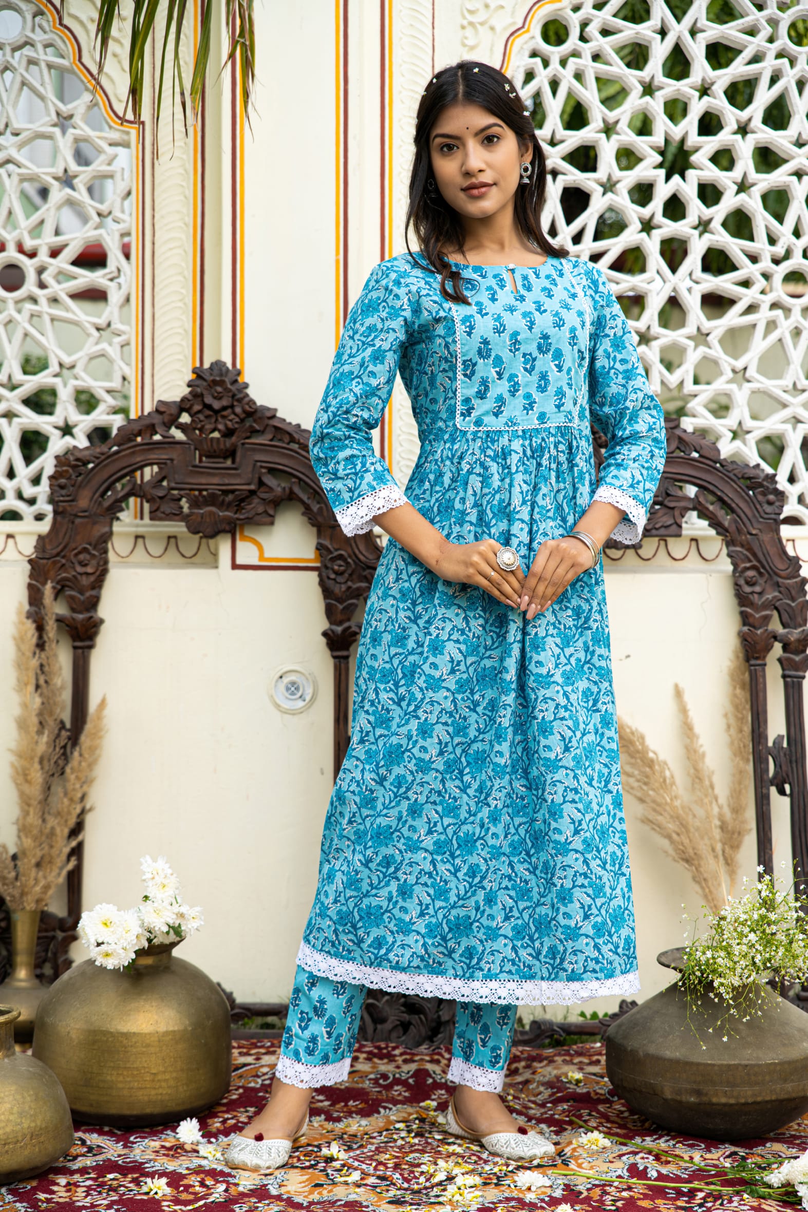 Blue Printed Cotton Kurta with Pants