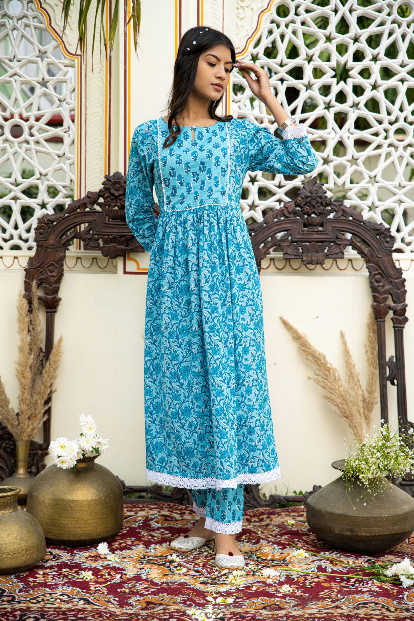 Blue Printed Cotton Kurta with Pants