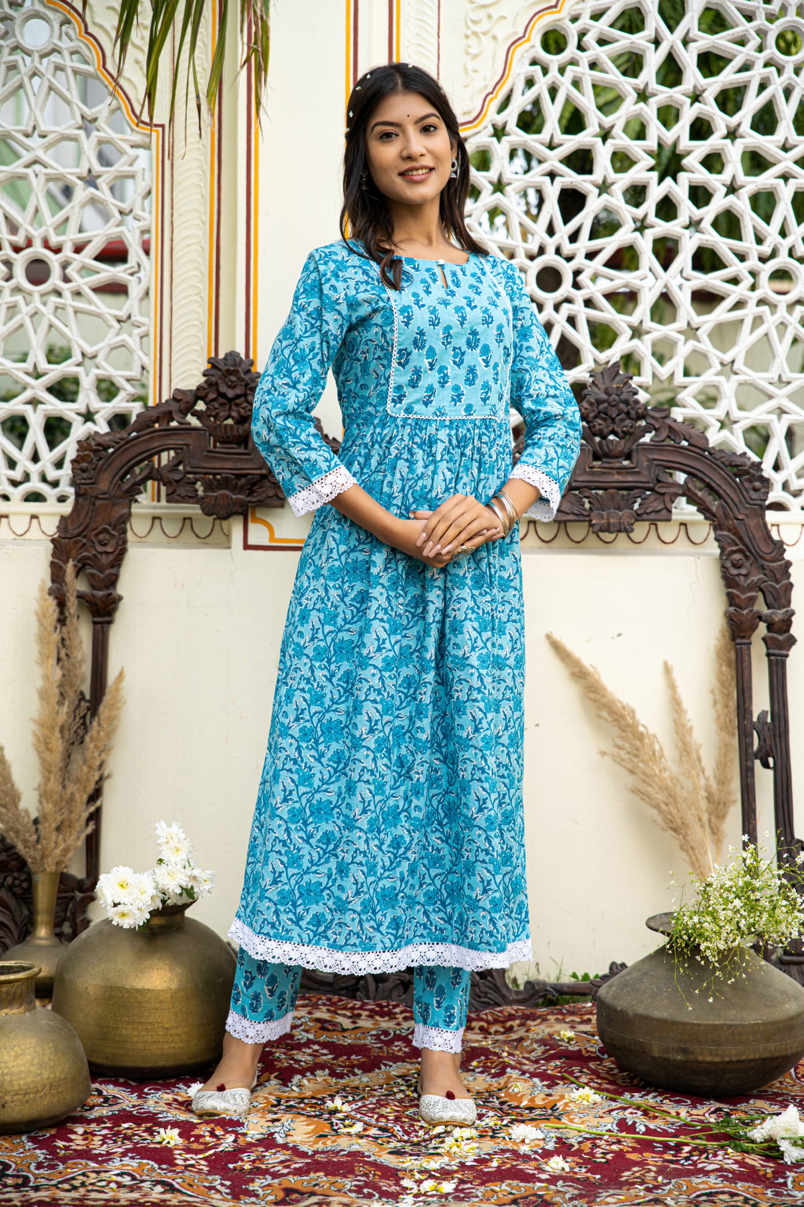 Blue Printed Cotton Kurta with Pants