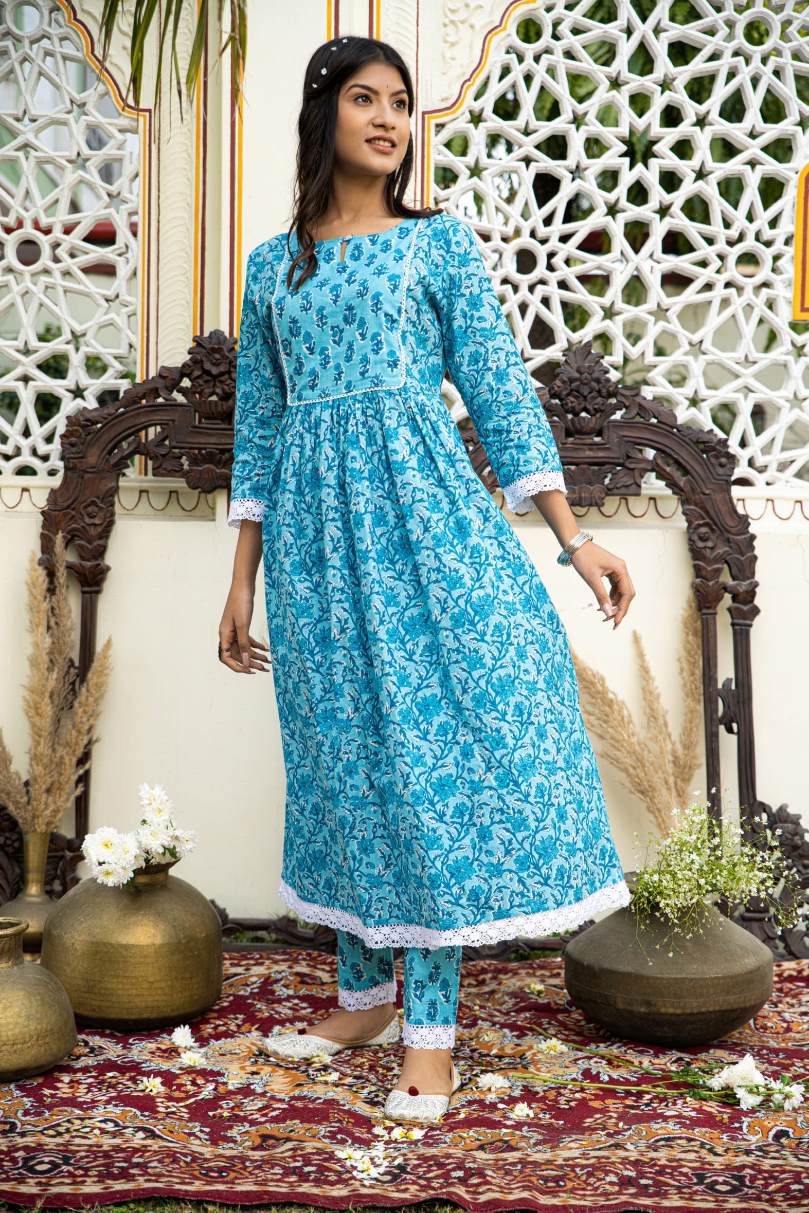 Blue Printed Cotton Kurta with Pants