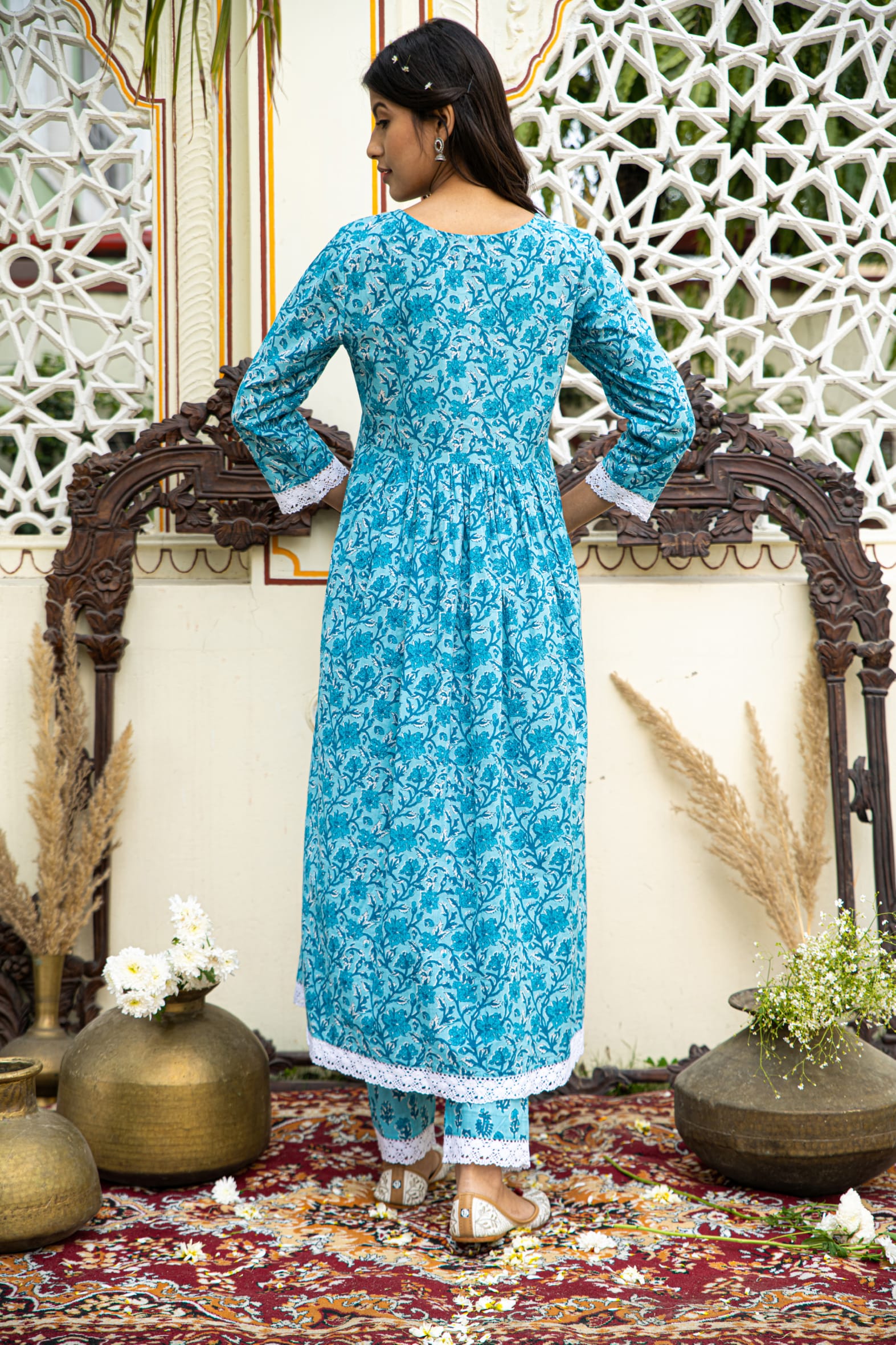 Blue Printed Cotton Kurta with Pants