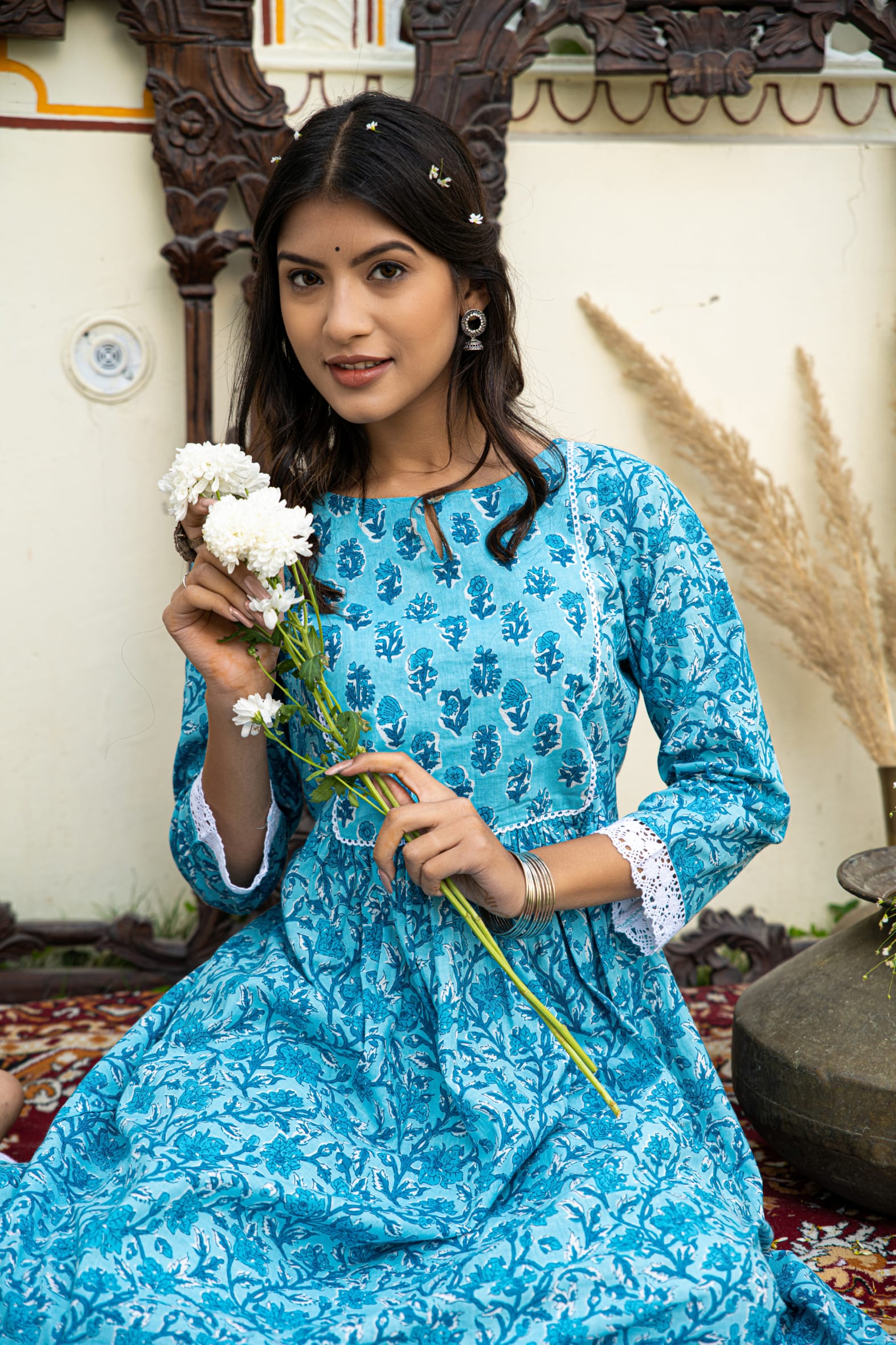 Blue Printed Cotton Kurta with Pants