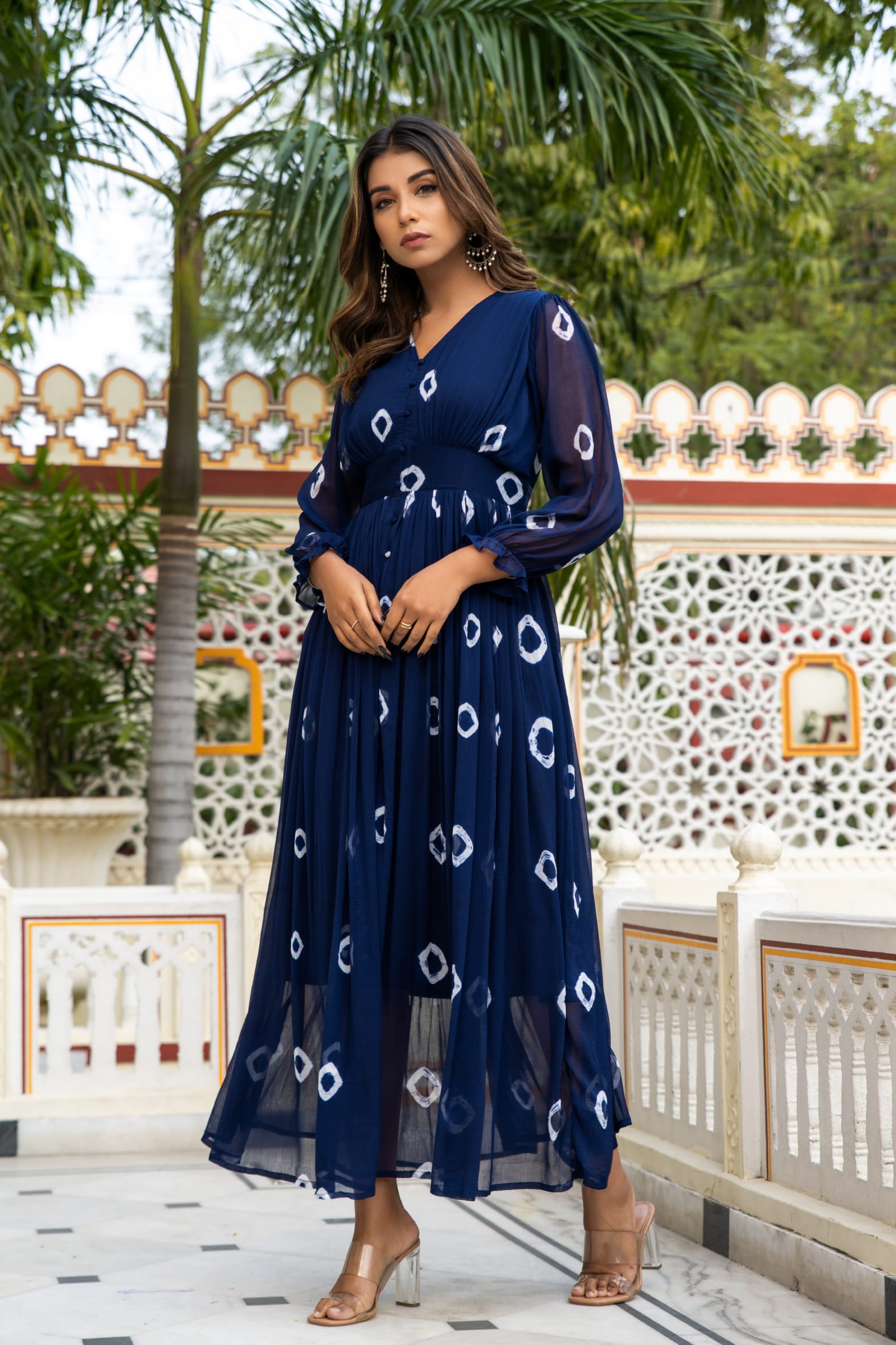 Navy Blue Tie and Dye Long Front Slit Chiffon Dress