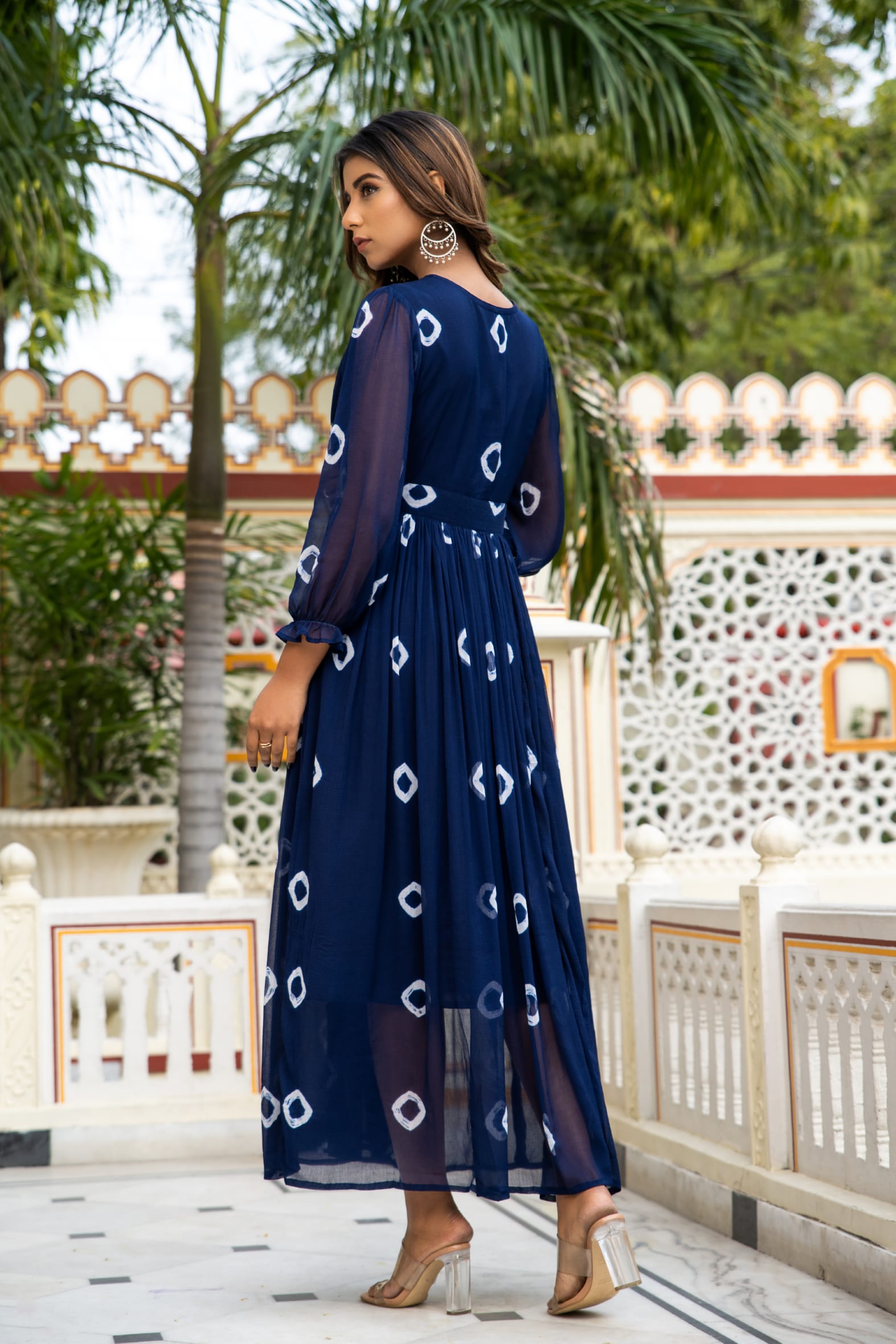 Navy Blue Tie and Dye Long Front Slit Chiffon Dress