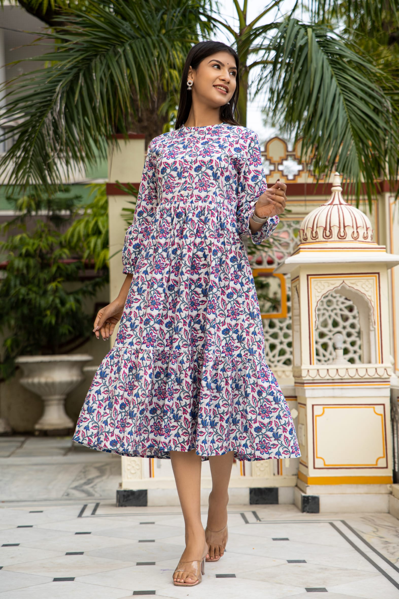 White Blue Hand Block Printed Cotton Dress