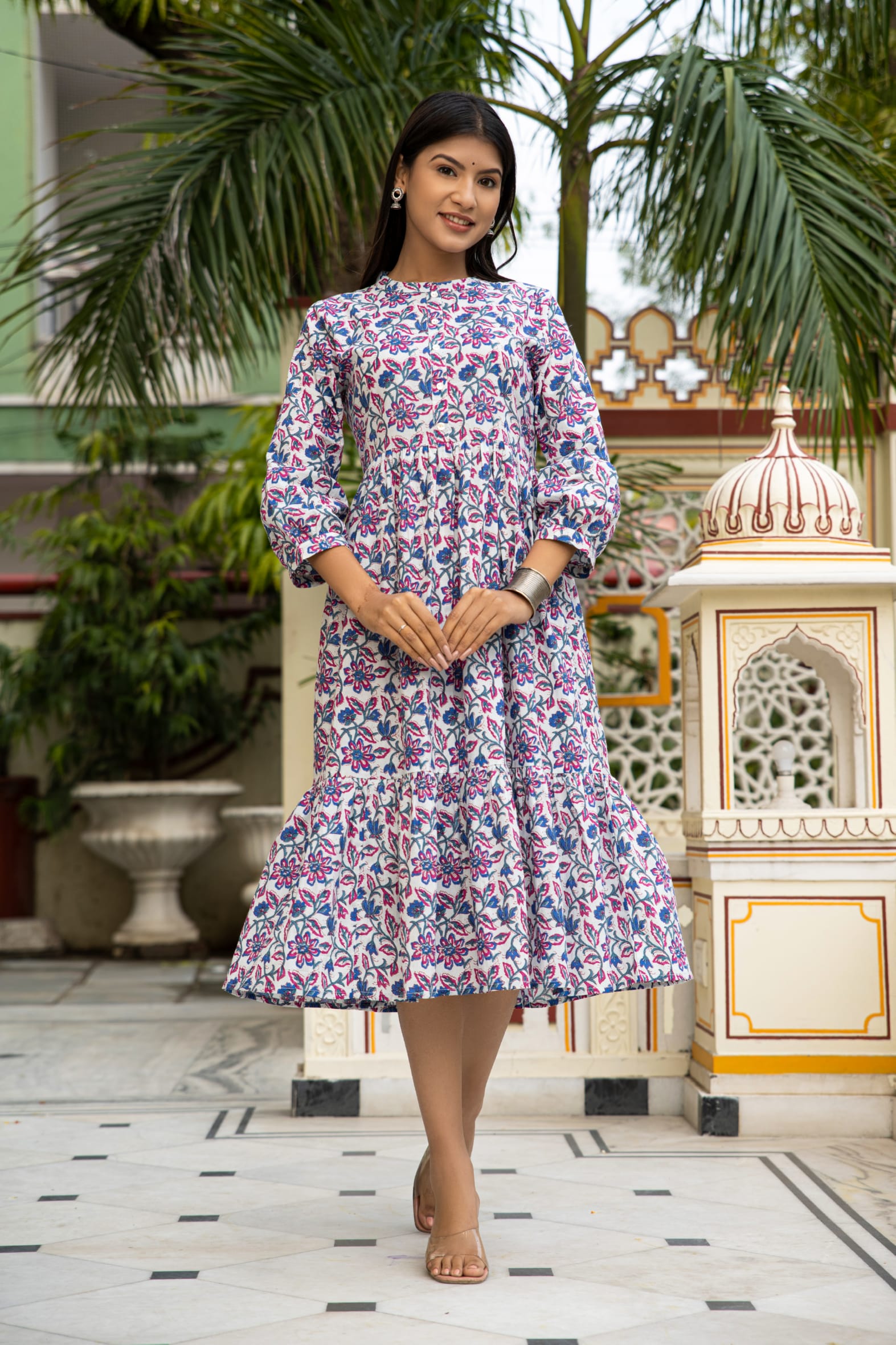 White Blue Hand Block Printed Cotton Dress