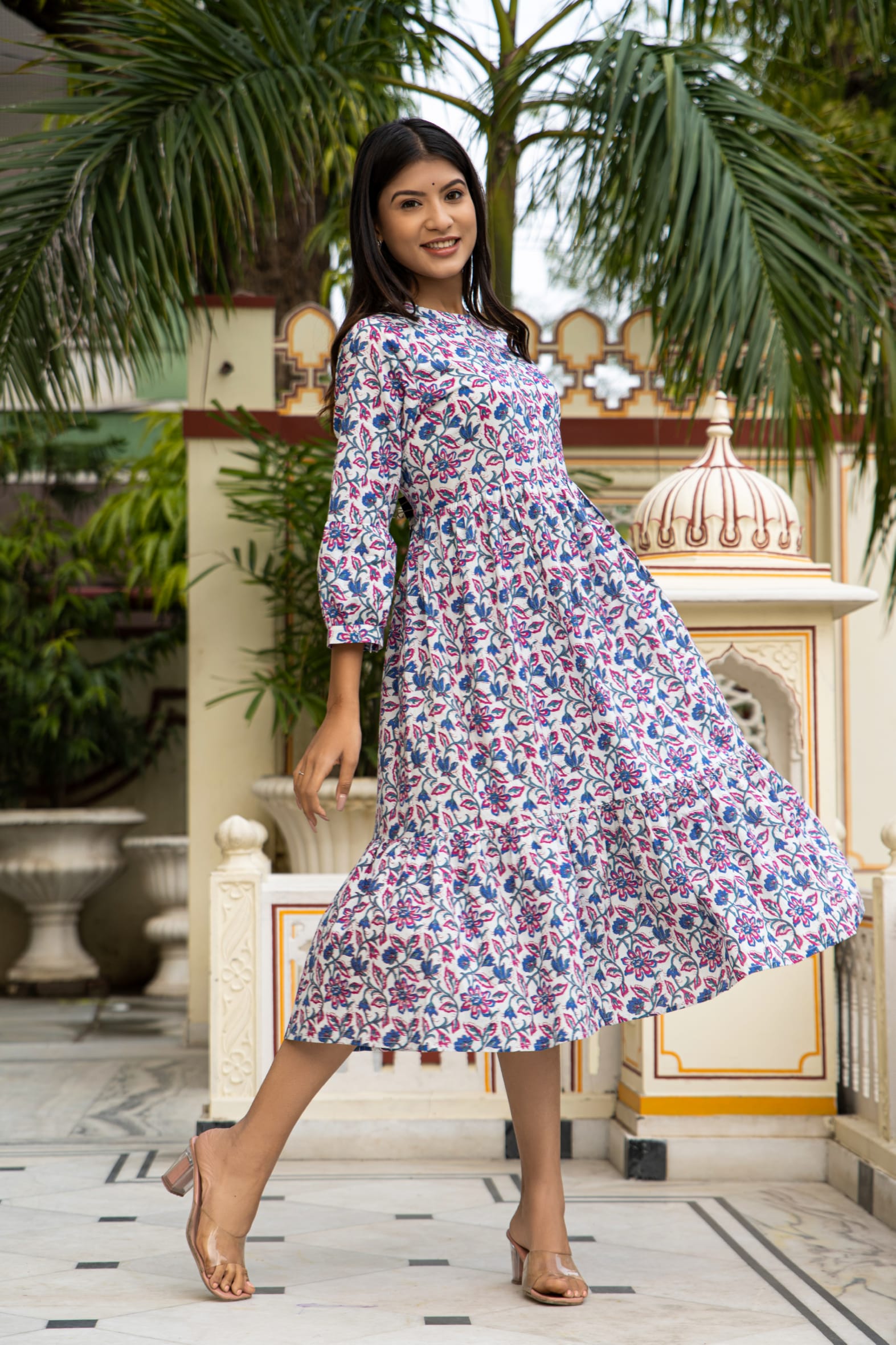 White Blue Hand Block Printed Cotton Dress