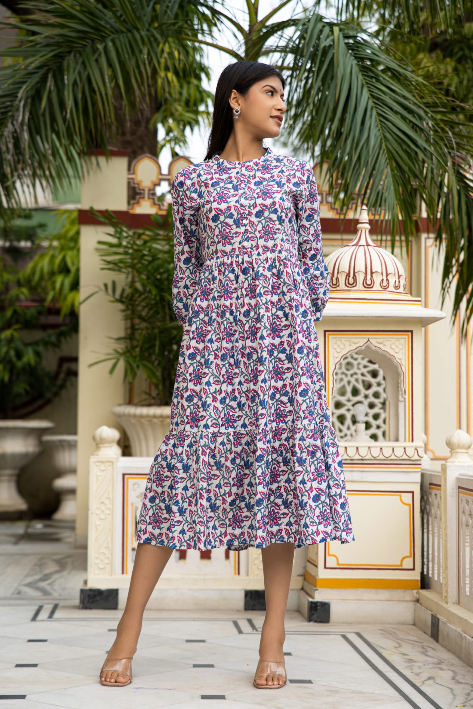 White Blue Hand Block Printed Cotton Dress