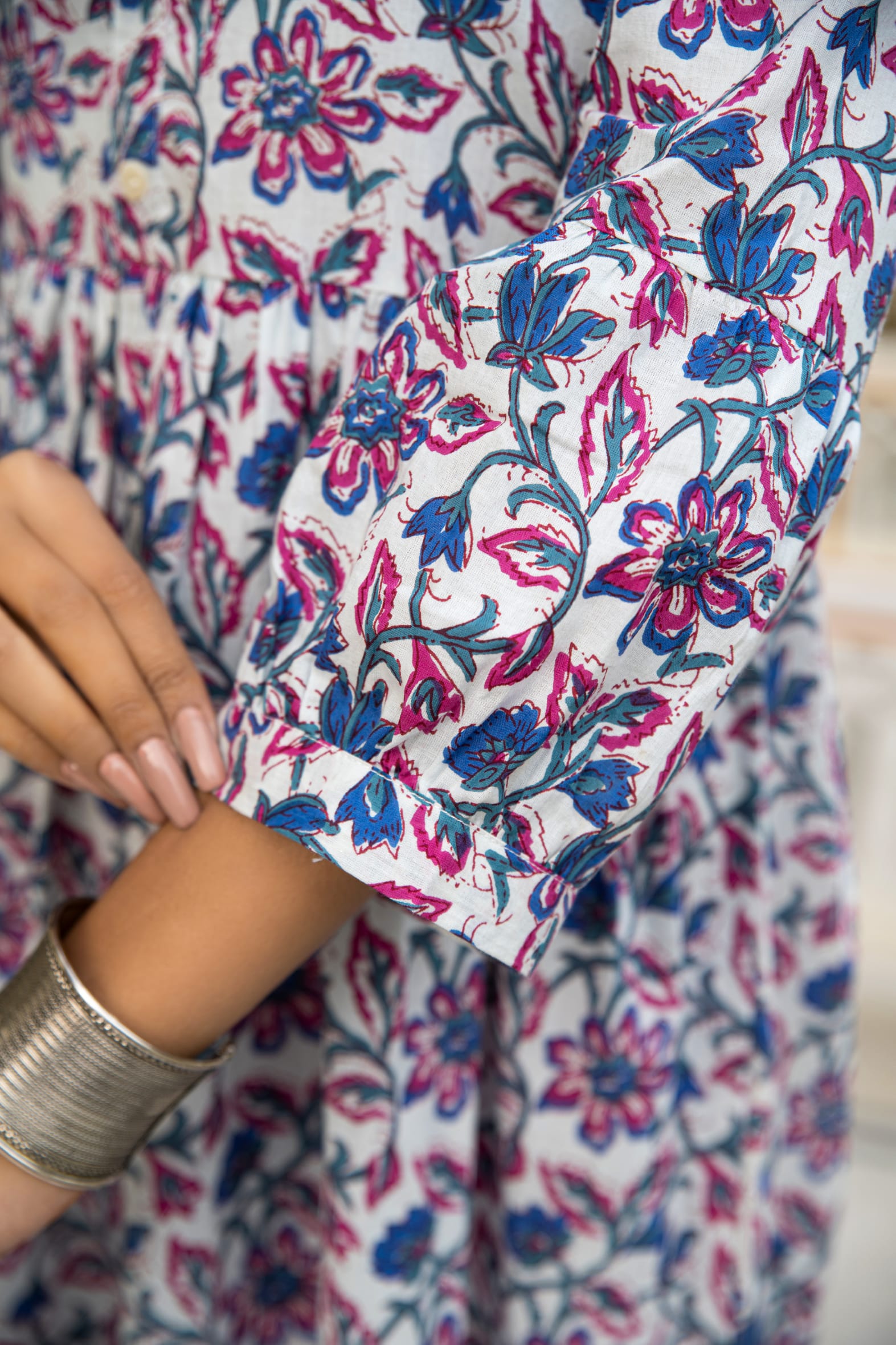 White Blue Hand Block Printed Cotton Dress