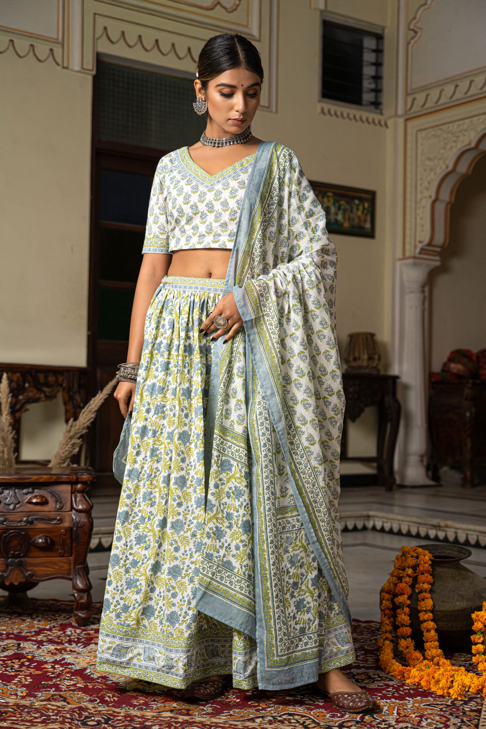 White Blue Hand Block Printed Cotton Lehenga with Dupatta