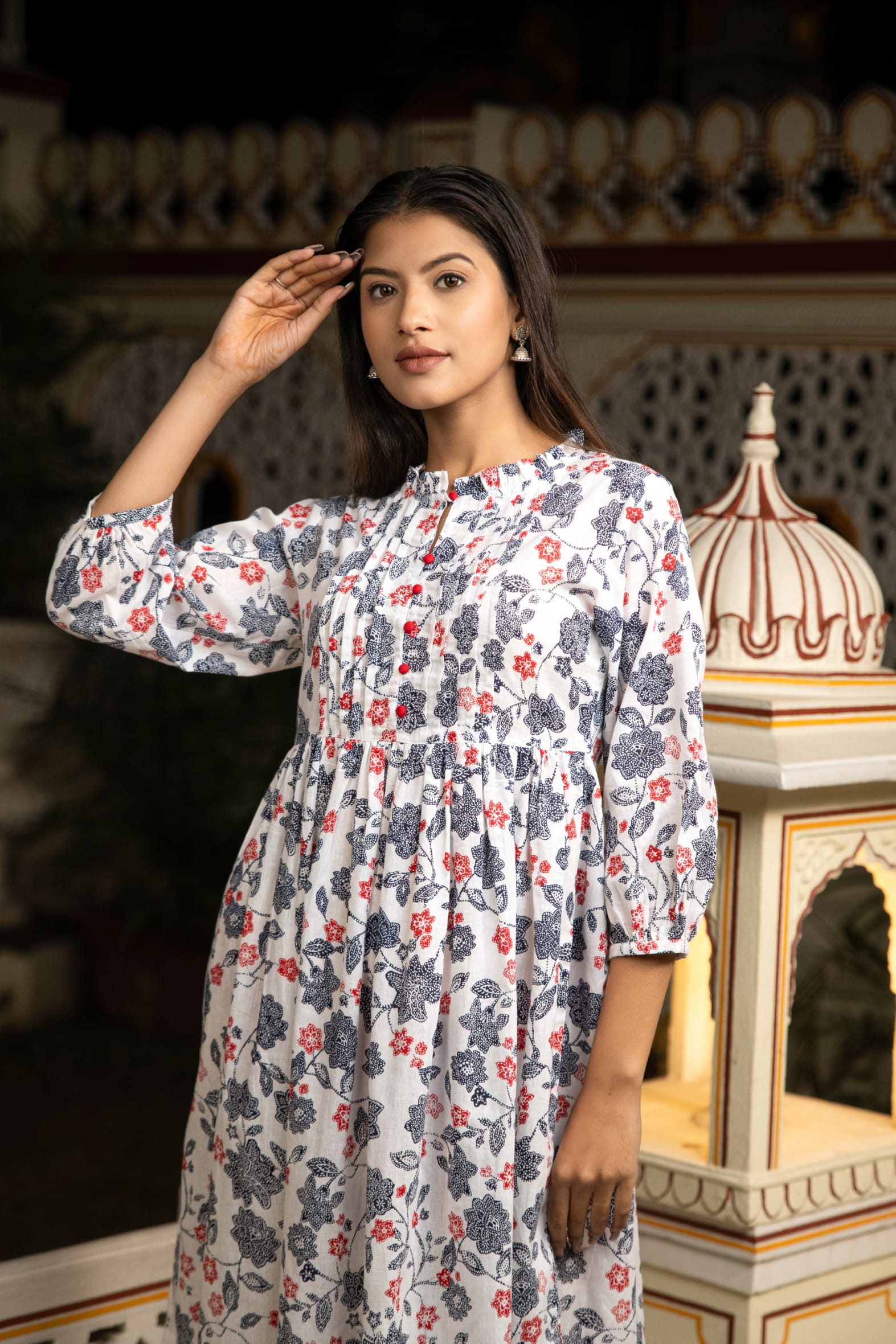 White Grey Hand Block Printed Cotton Dress