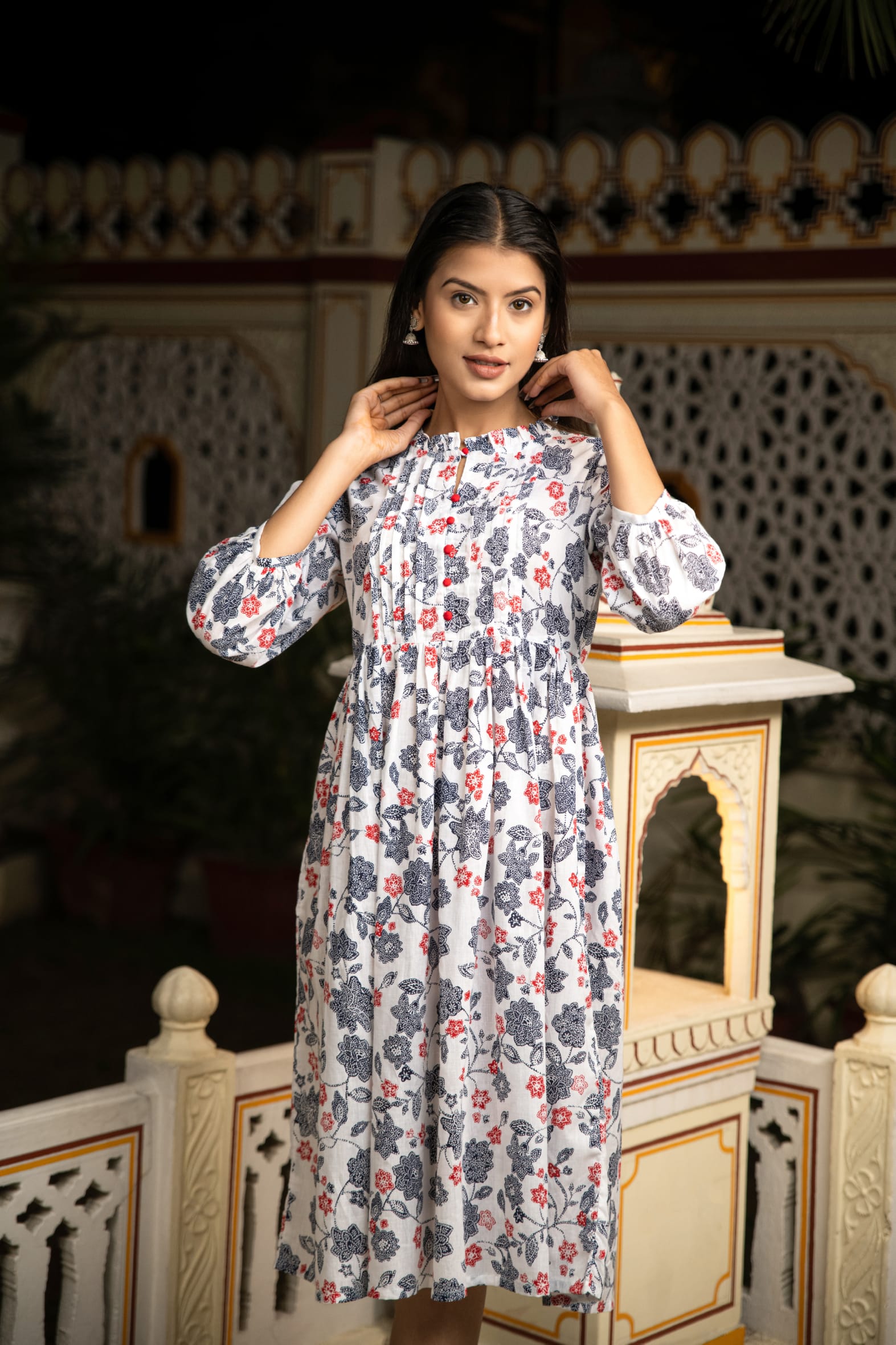 White Grey Hand Block Printed Cotton Dress