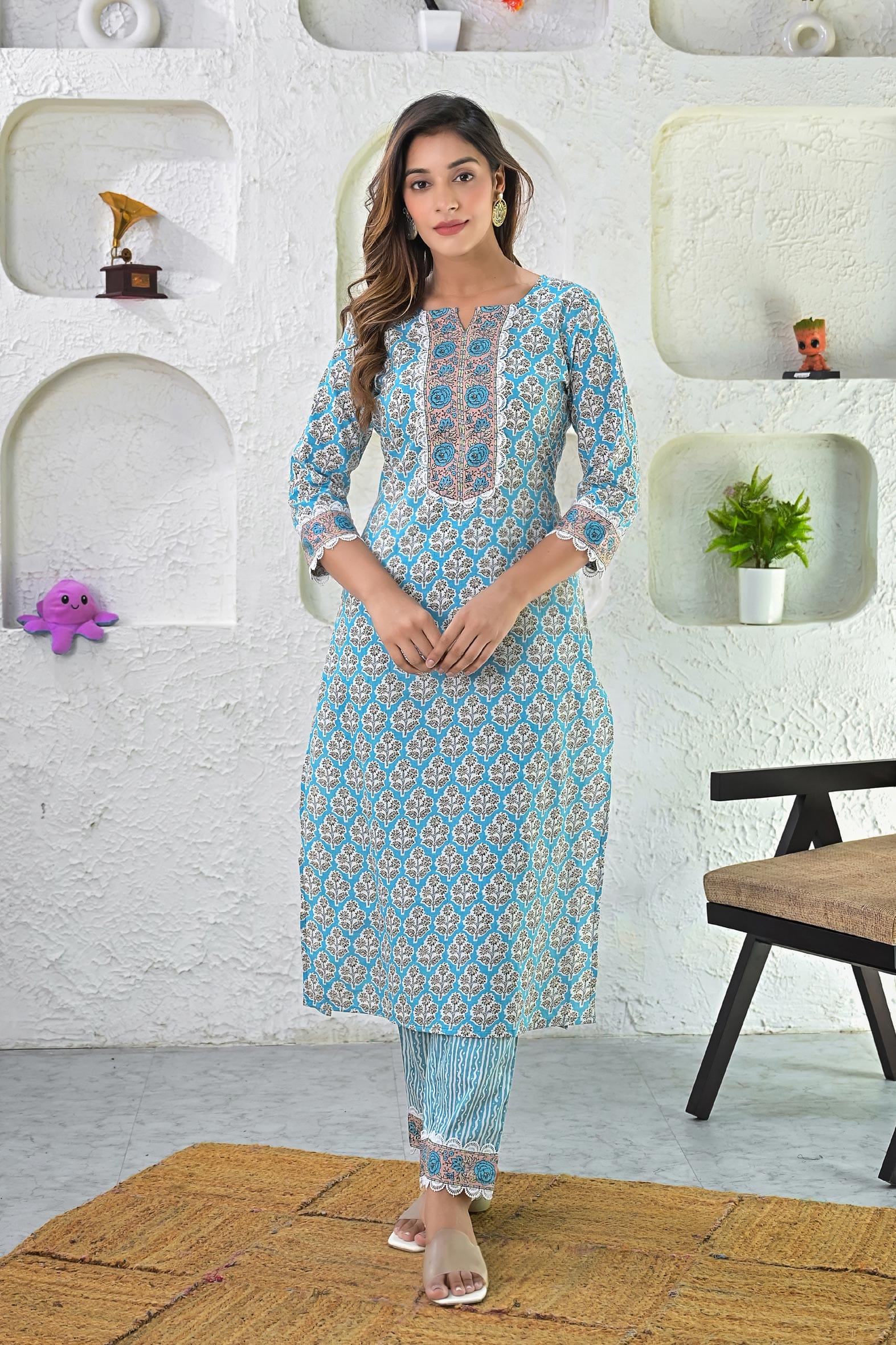 White Blue Printed Cotton Kurta with Pants