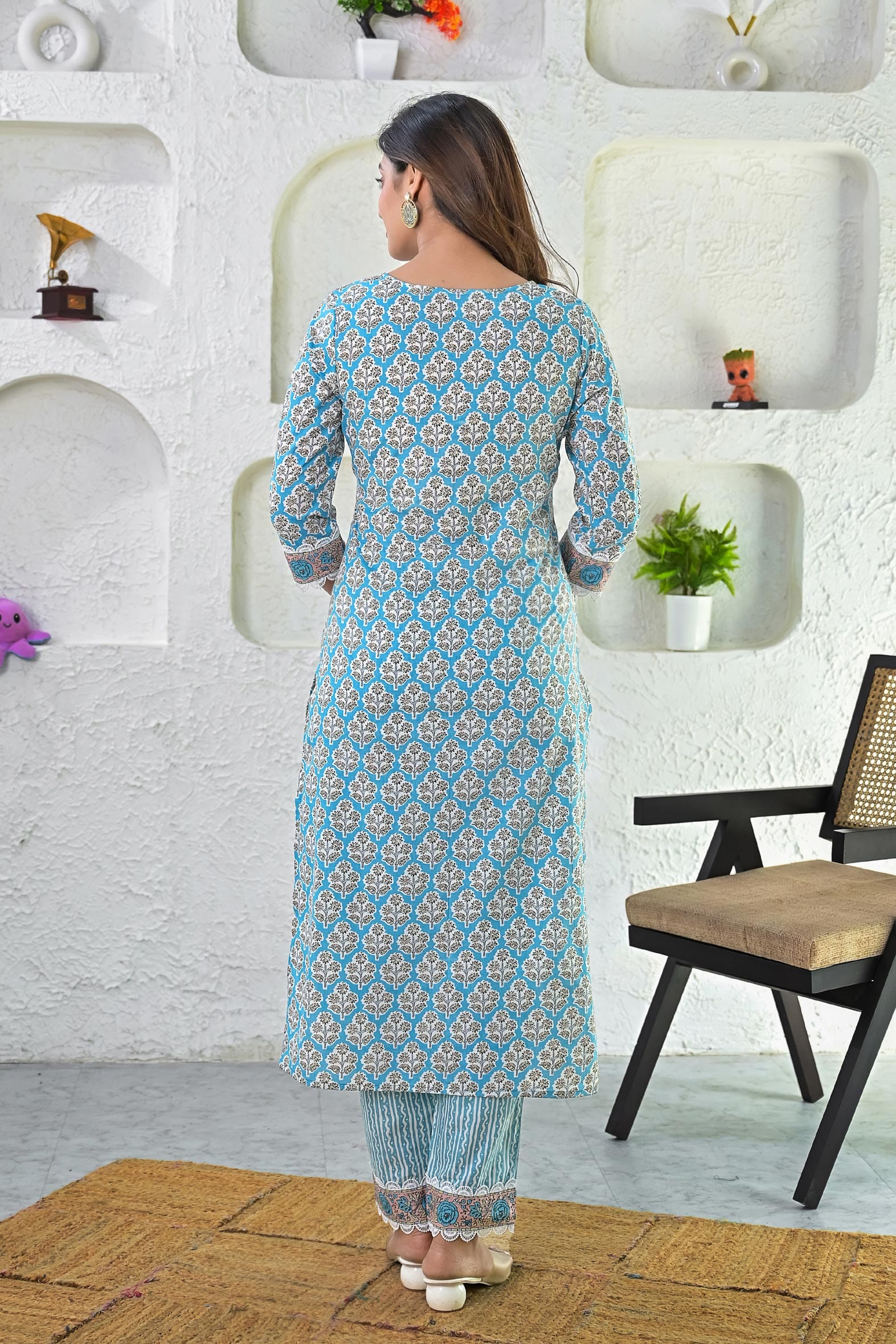 White Blue Printed Cotton Kurta with Pants