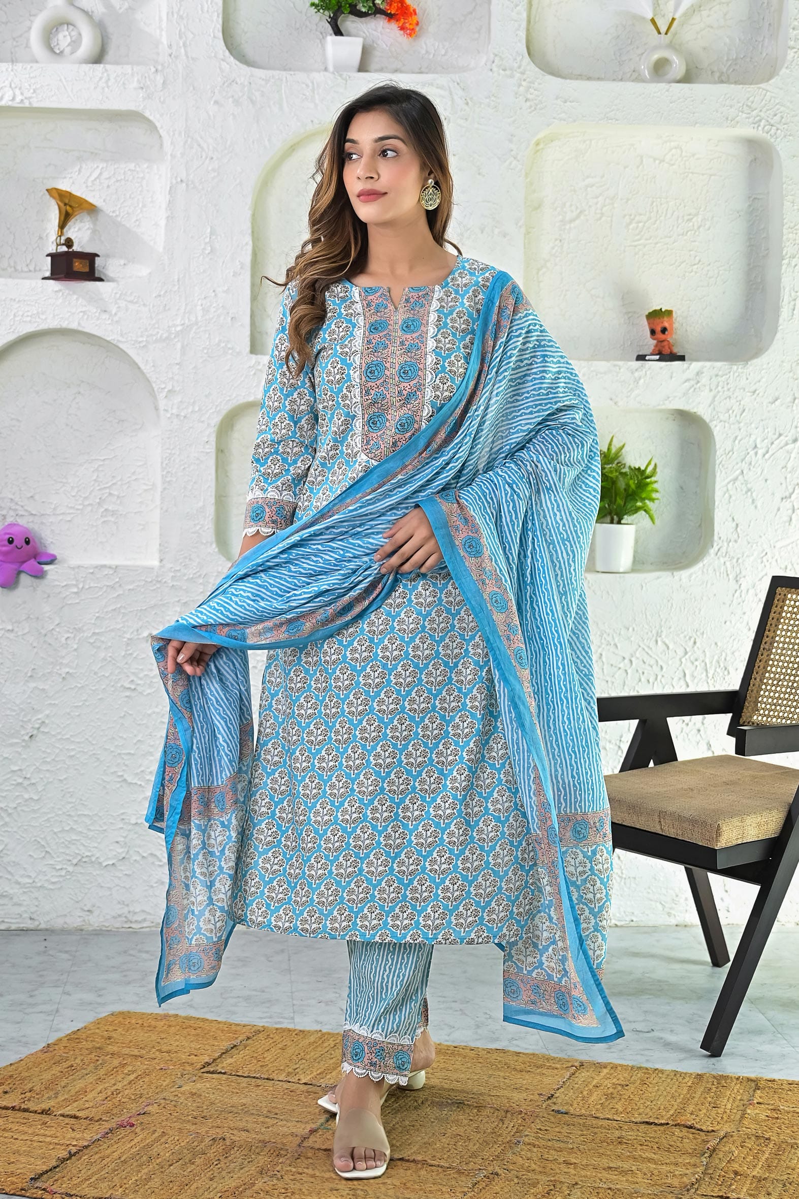 Blue Printed Hand Block Printed Suit with Dupatta