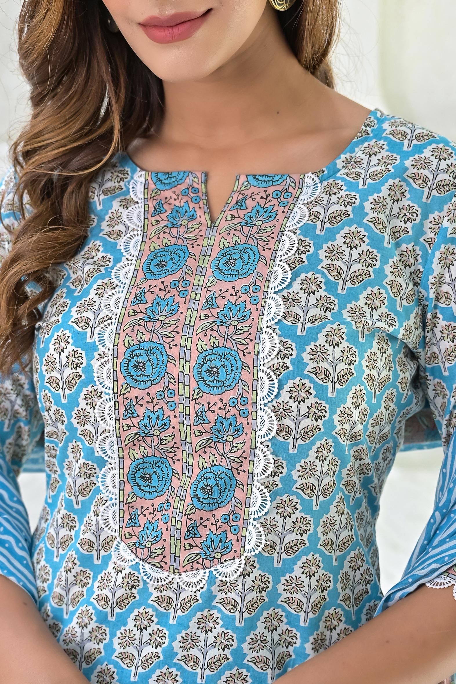 Blue Printed Hand Block Printed Suit with Dupatta