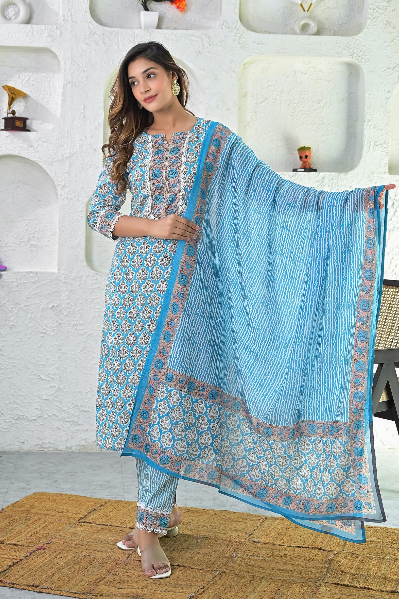 Blue Printed Hand Block Printed Suit with Dupatta