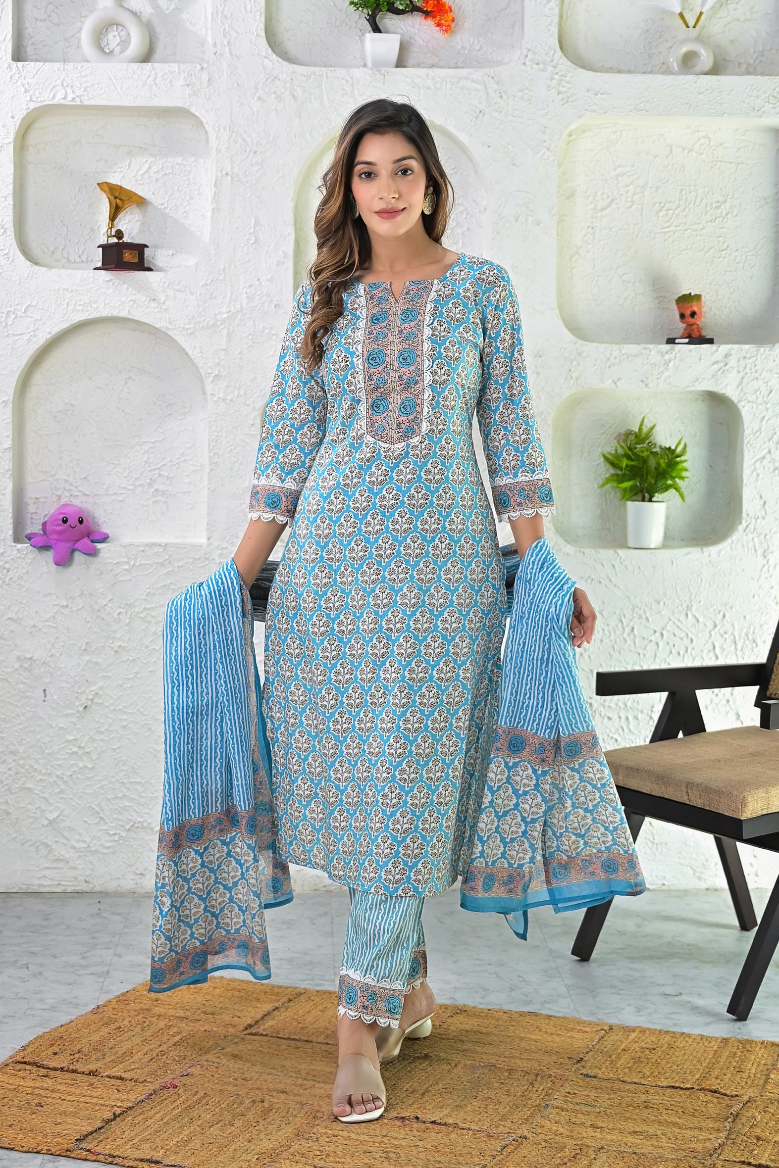 Blue Printed Hand Block Printed Suit with Dupatta