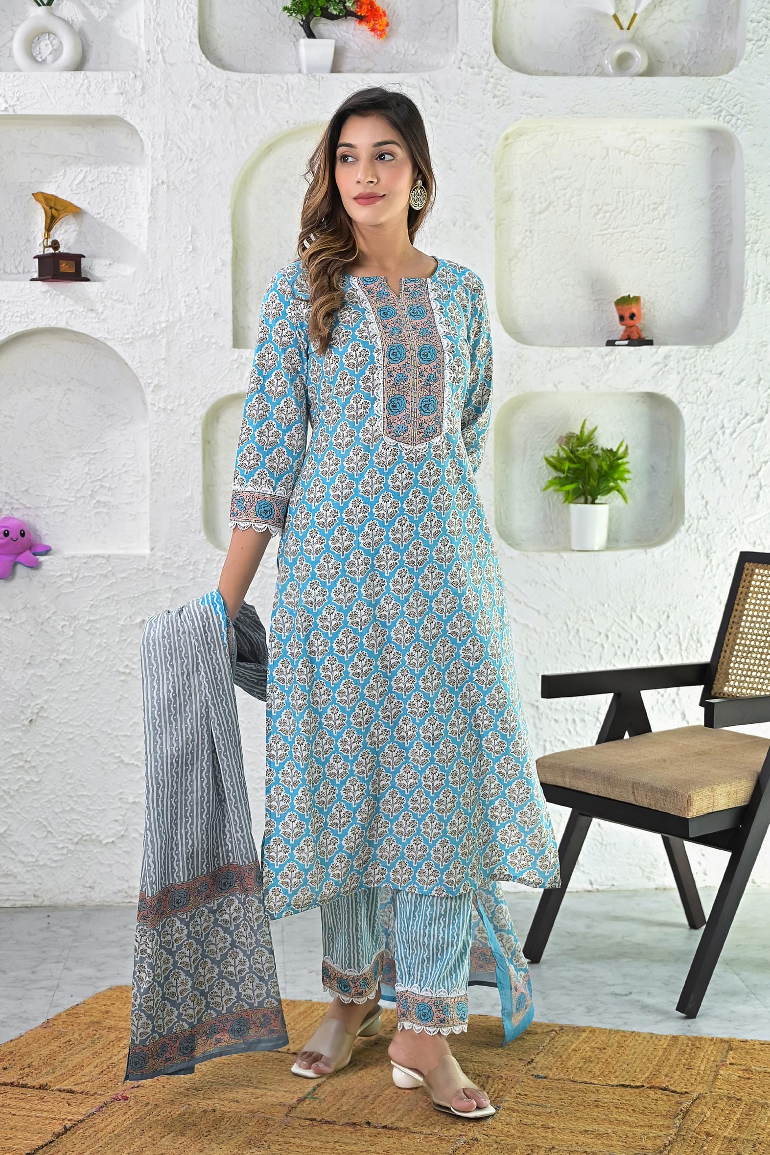 Blue Printed Hand Block Printed Suit with Dupatta