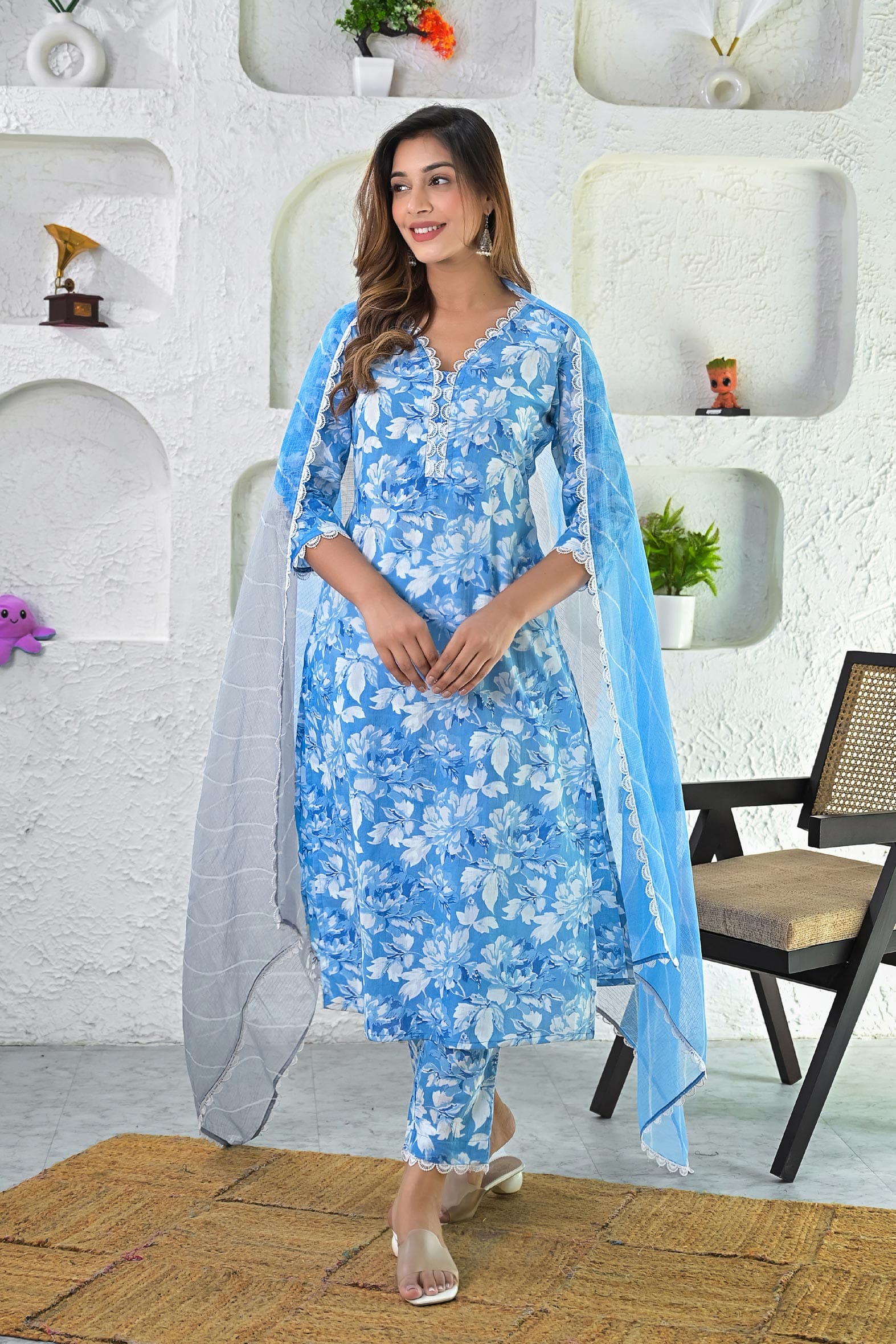 Blue White Printed Hand Block Printed Suit with Dupatta