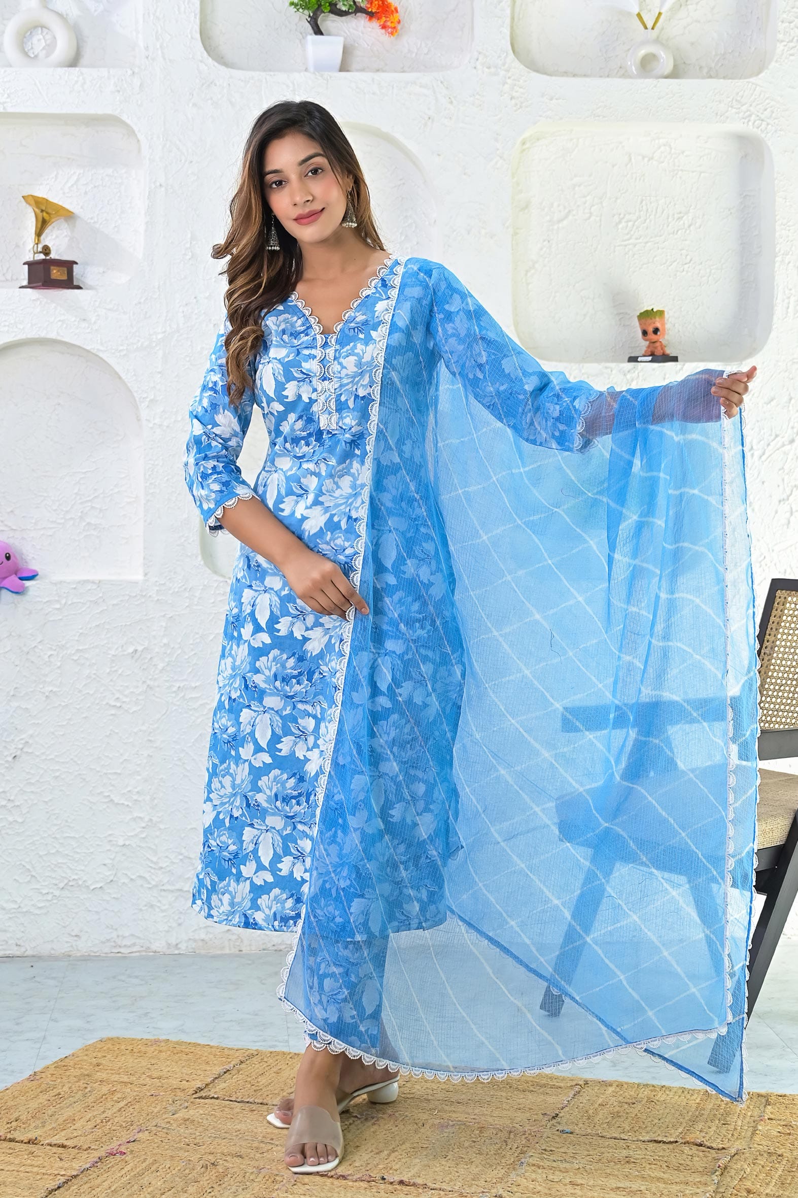 Blue White Printed Hand Block Printed Suit with Dupatta