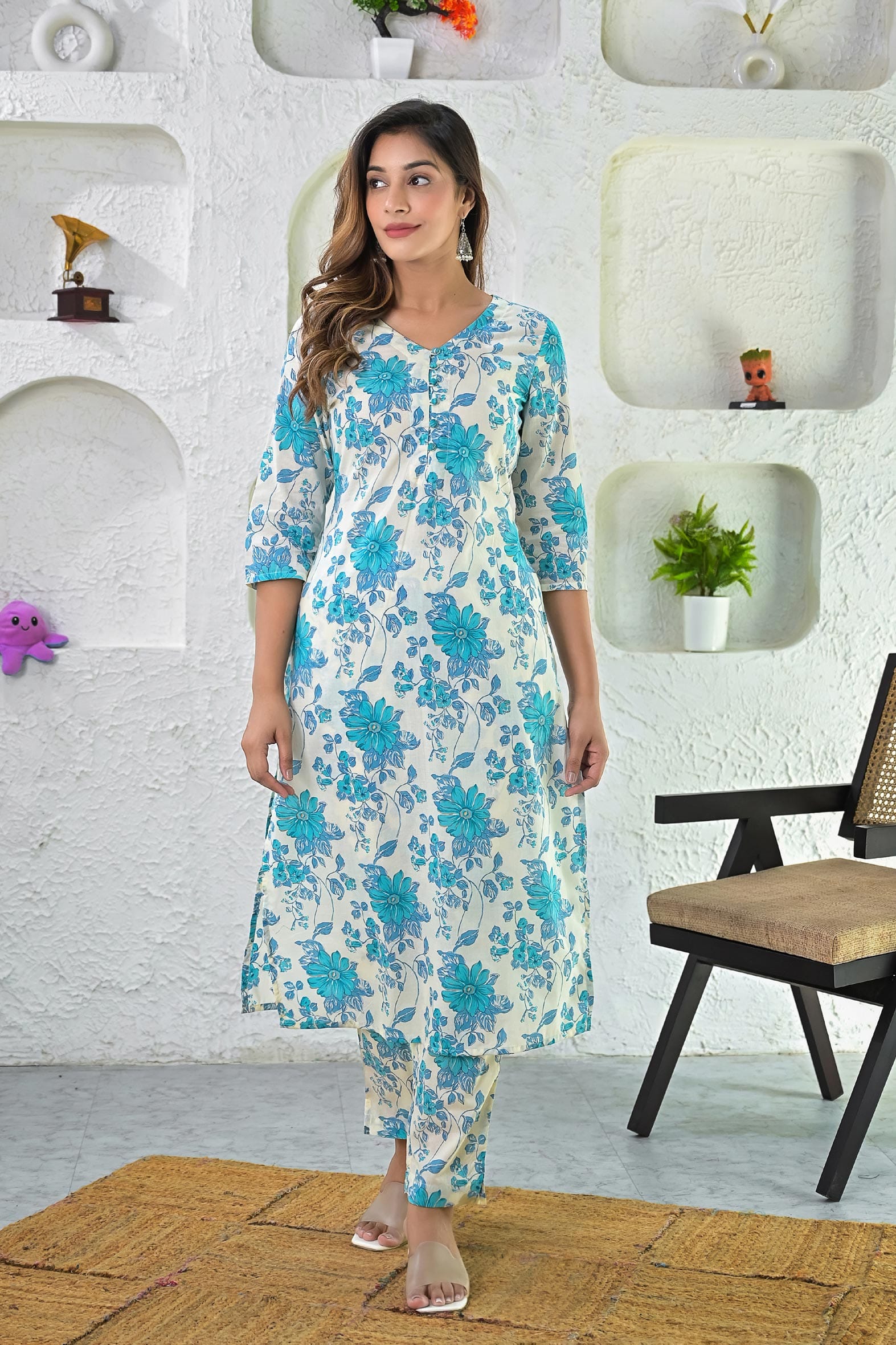 Off White Printed Cotton Kurta with Pants