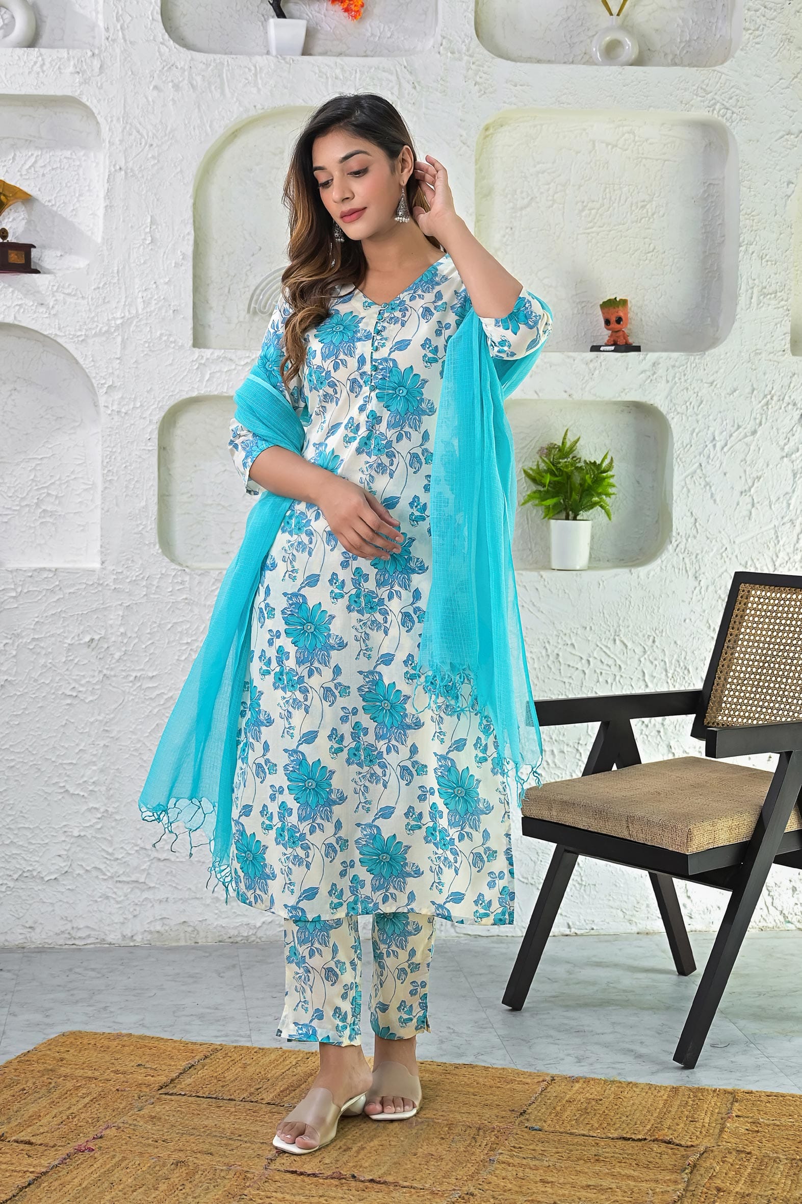 Off White Turquoise Printed Cotton Suit with Dupatta