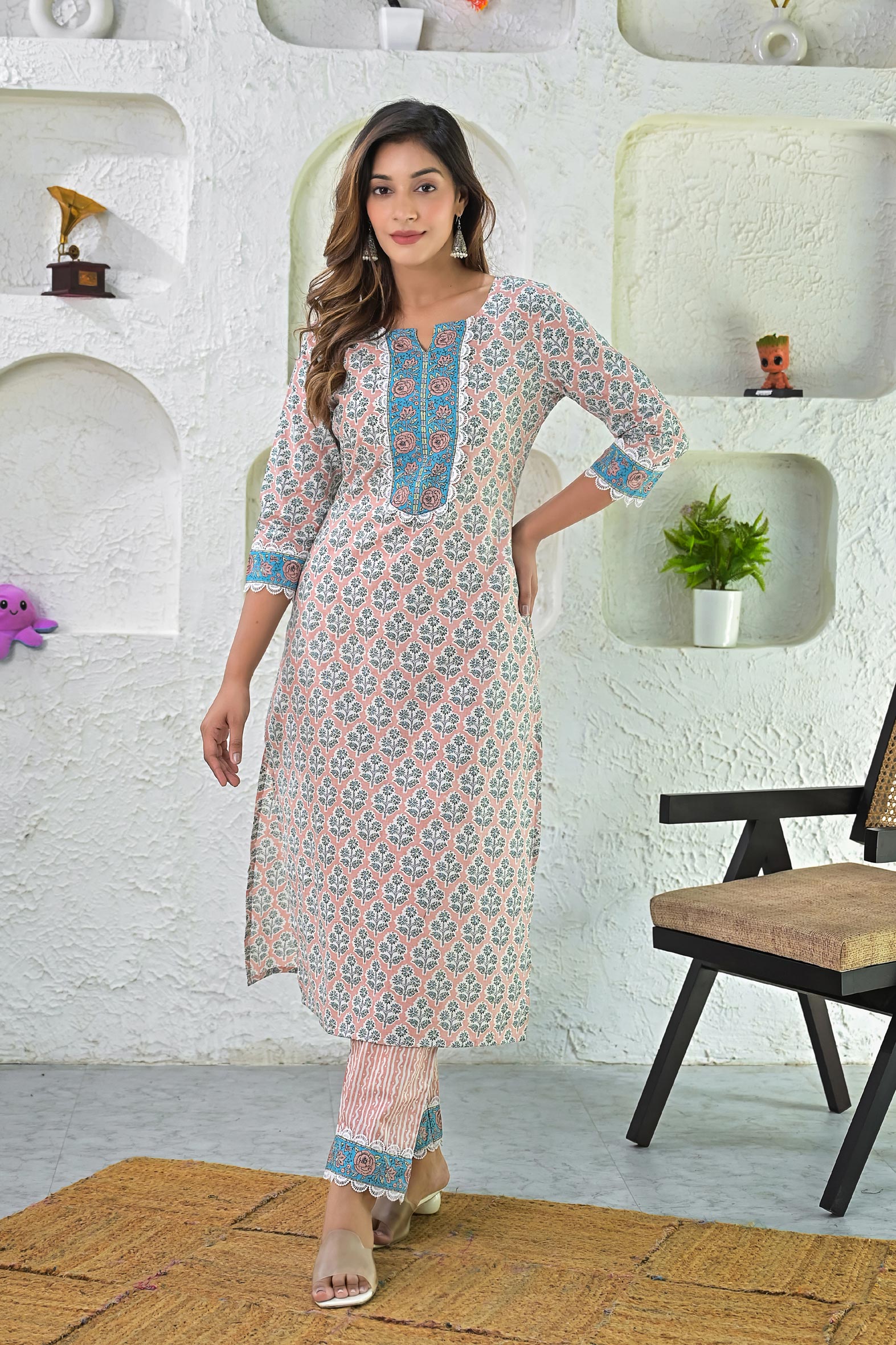 Beige Blue Hand Block Printed Cotton Kurta with Pants