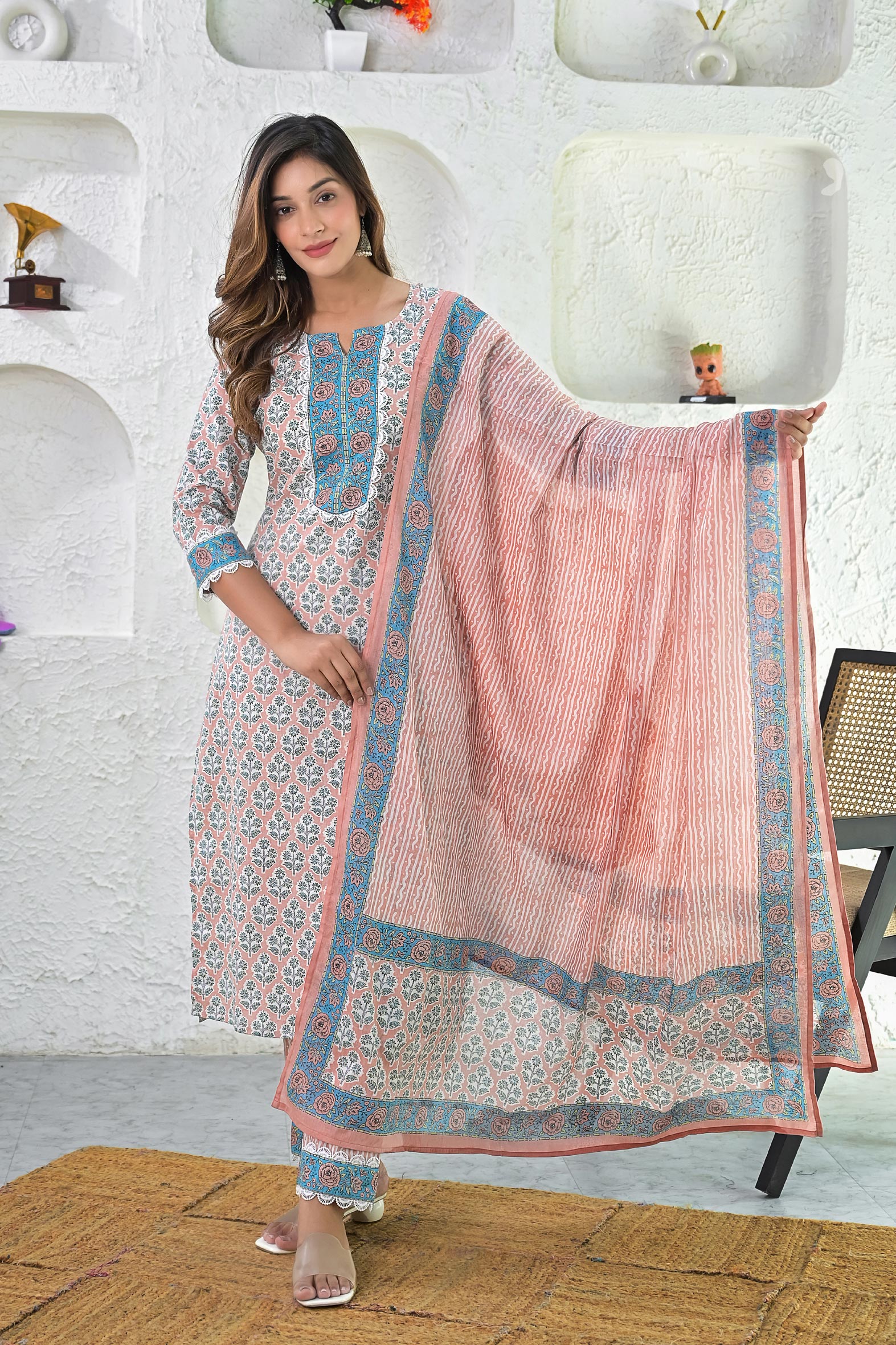 Beige Blue Hand Block Printed Cotton Suit with Dupatta