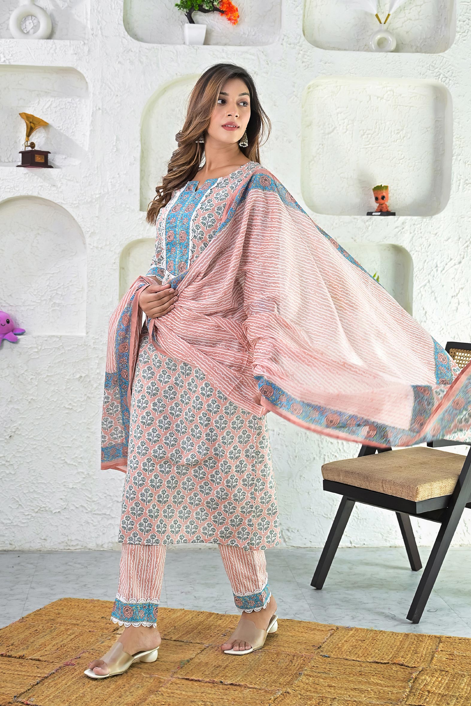 Beige Blue Hand Block Printed Cotton Suit with Dupatta