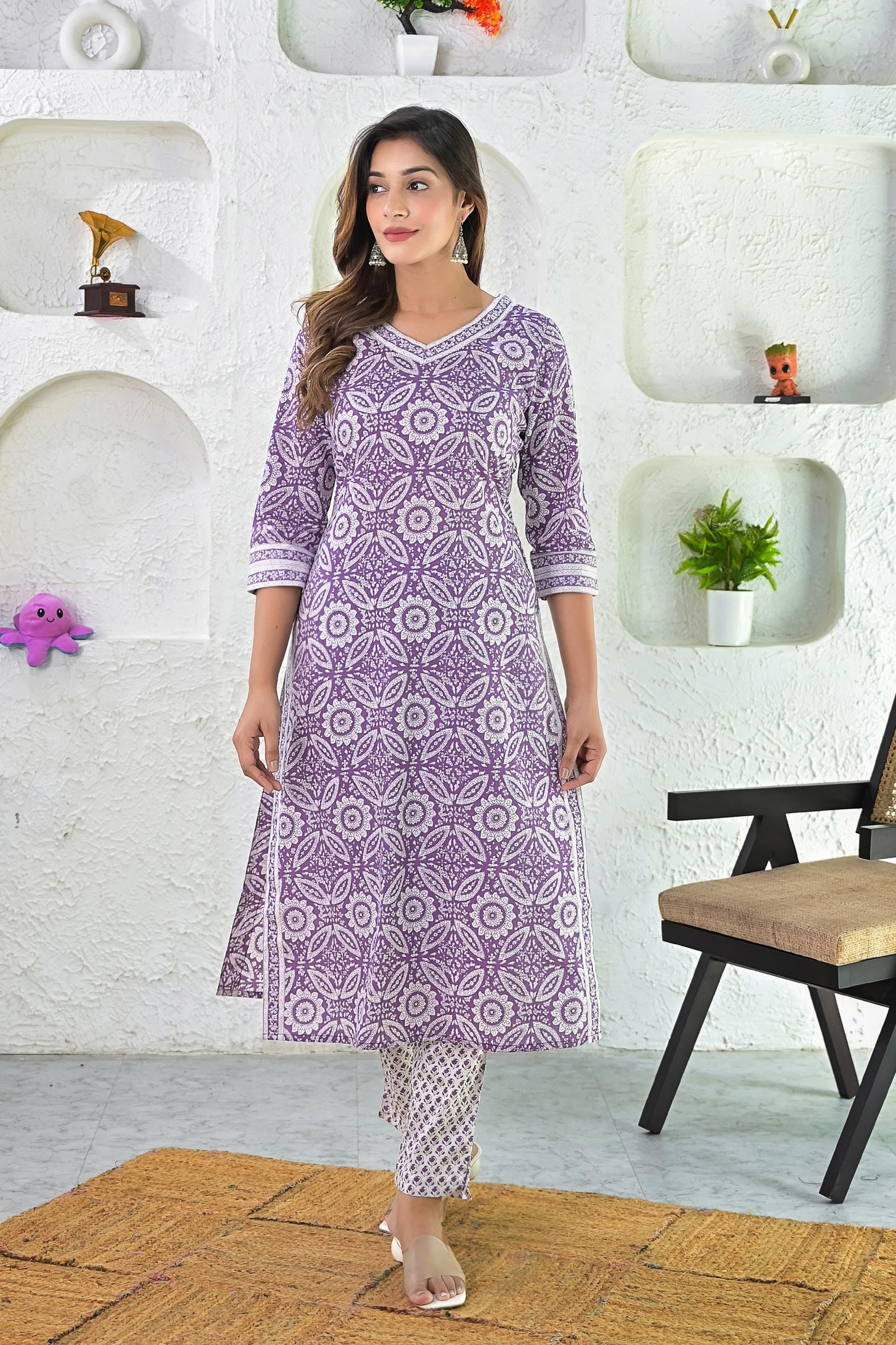 Purple Hand Block Printed Cotton Kurta with Pants