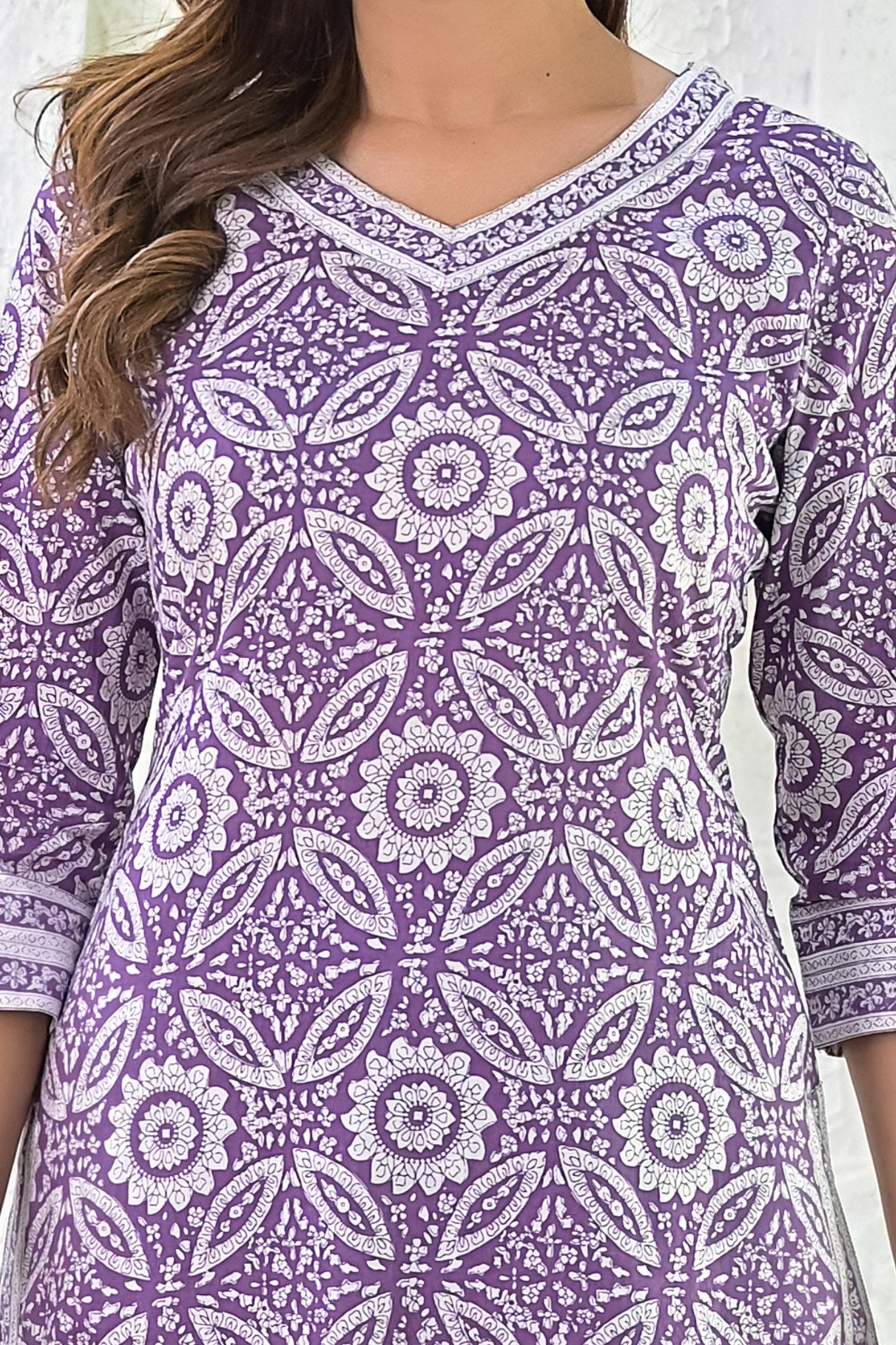 Purple Hand Block Printed Cotton Kurta with Pants