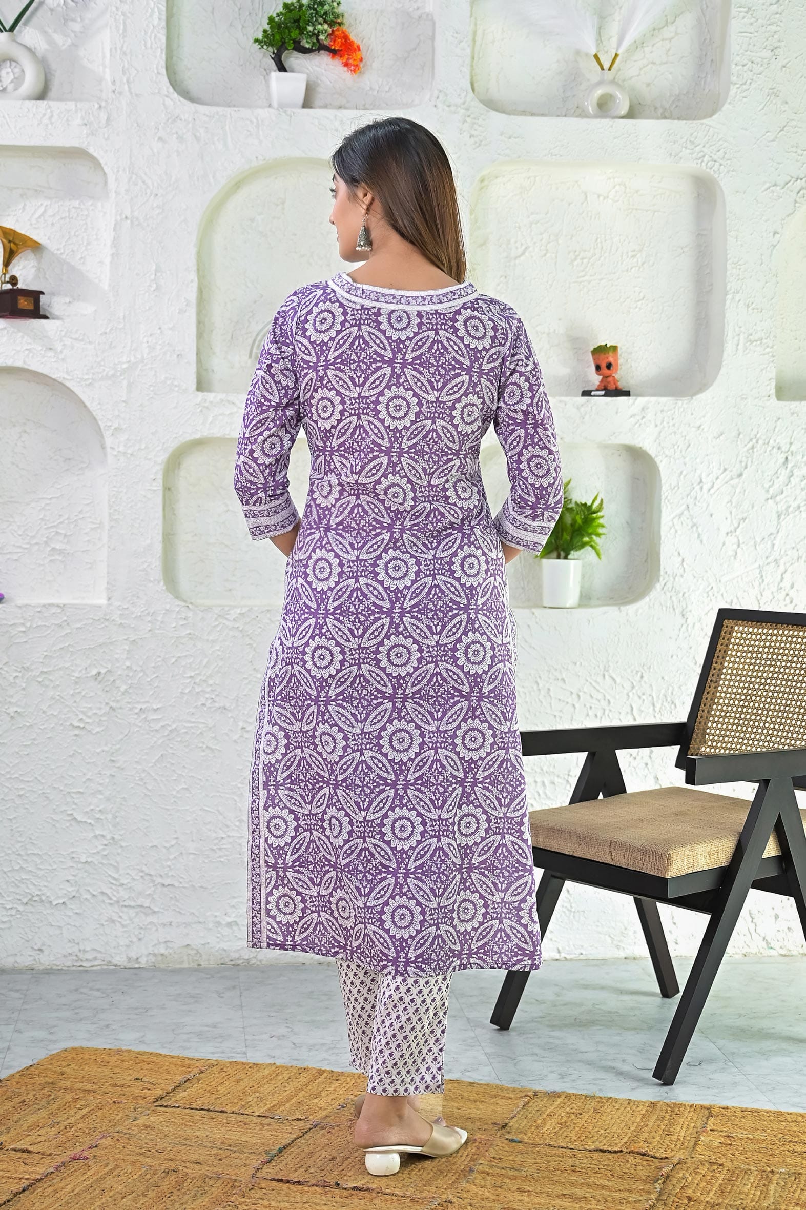 Purple Hand Block Printed Cotton Kurta with Pants